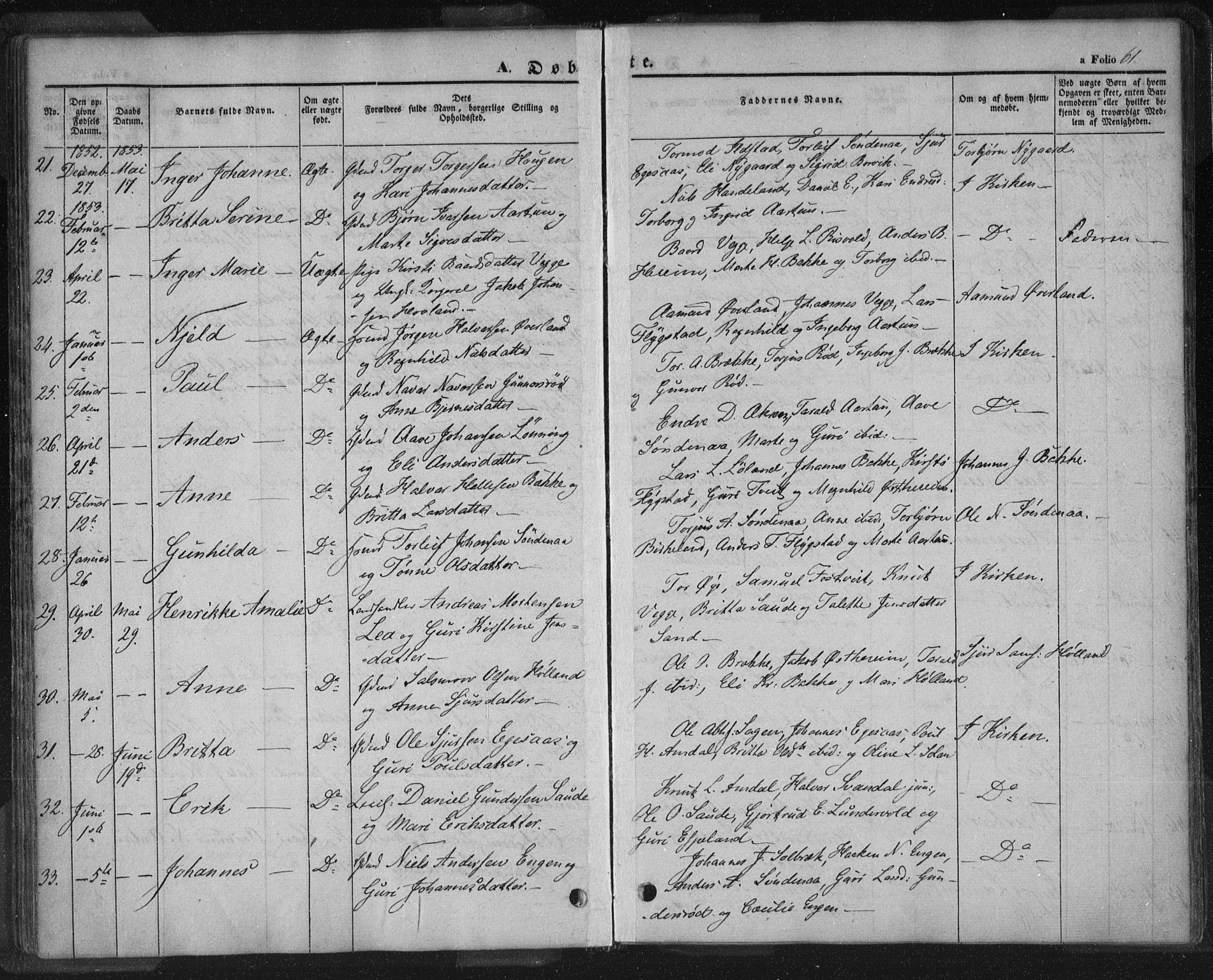 Sand sokneprestkontor, AV/SAST-A-101848/01/III/L0002: Parish register (official) no. A 2, 1838-1859, p. 61