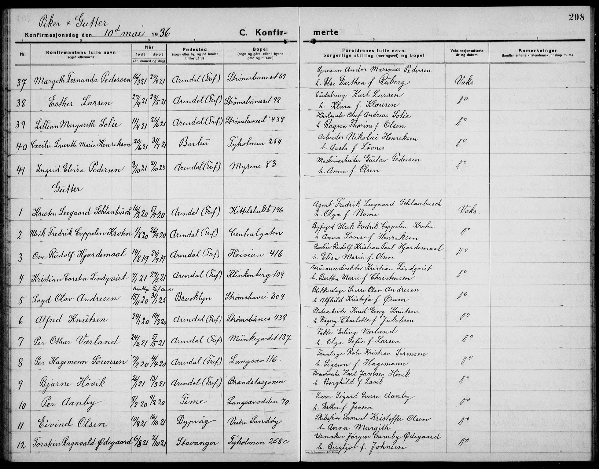 Arendal sokneprestkontor, Trefoldighet, SAK/1111-0040/F/Fb/L0008: Parish register (copy) no. B 8, 1928-1939, p. 208