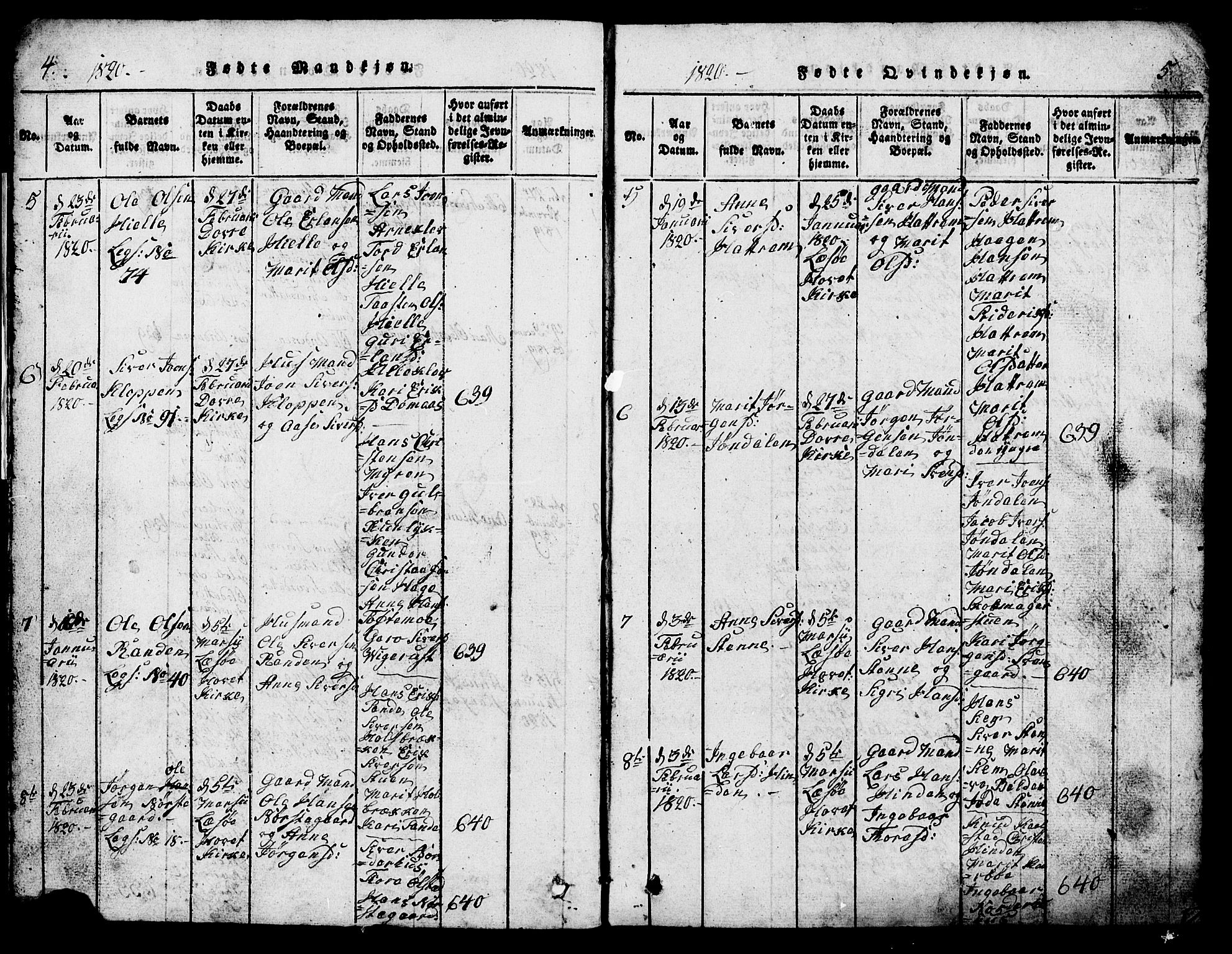 Lesja prestekontor, SAH/PREST-068/H/Ha/Hab/L0001: Parish register (copy) no. 1, 1820-1831, p. 4-5