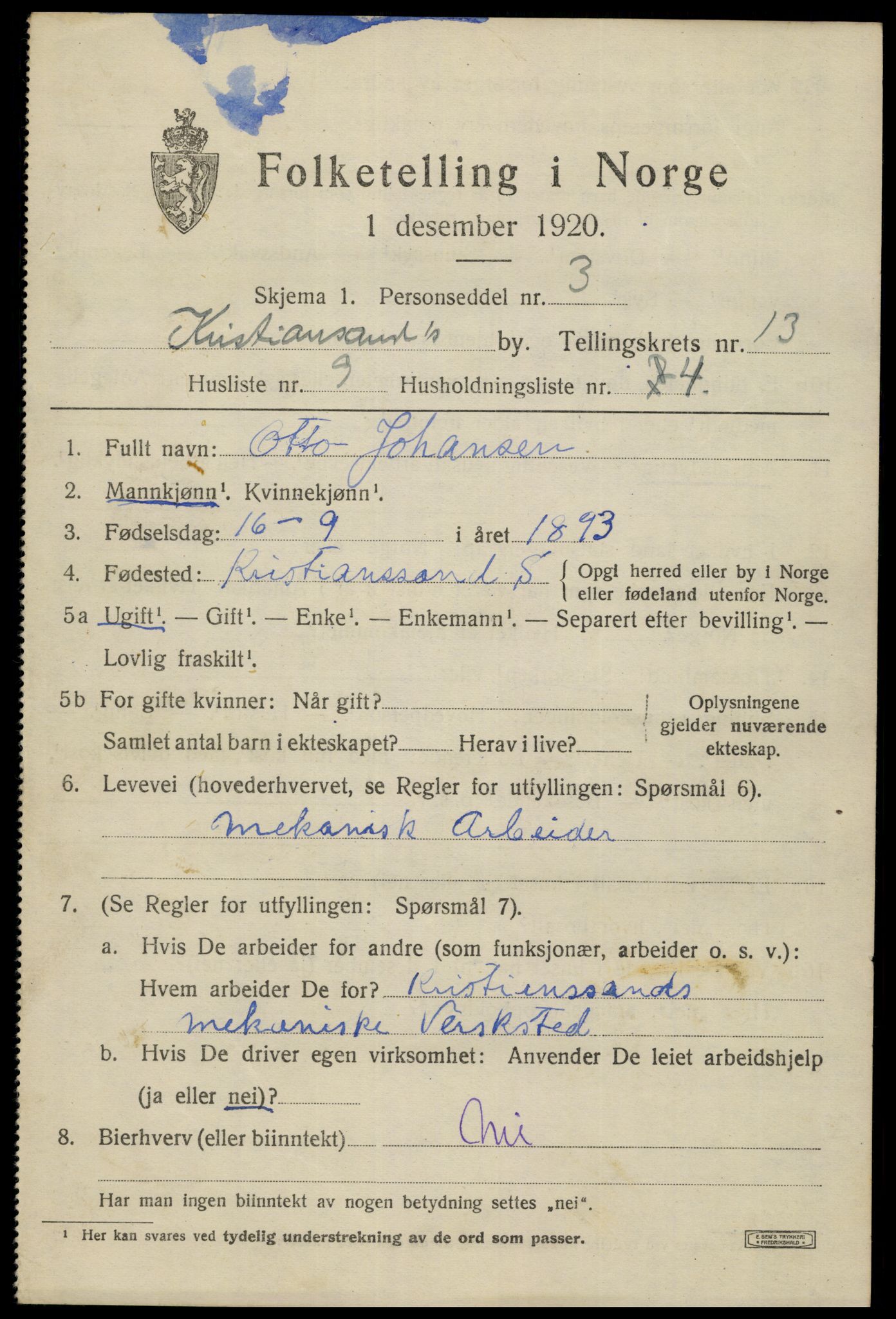 SAK, 1920 census for Kristiansand, 1920, p. 27185