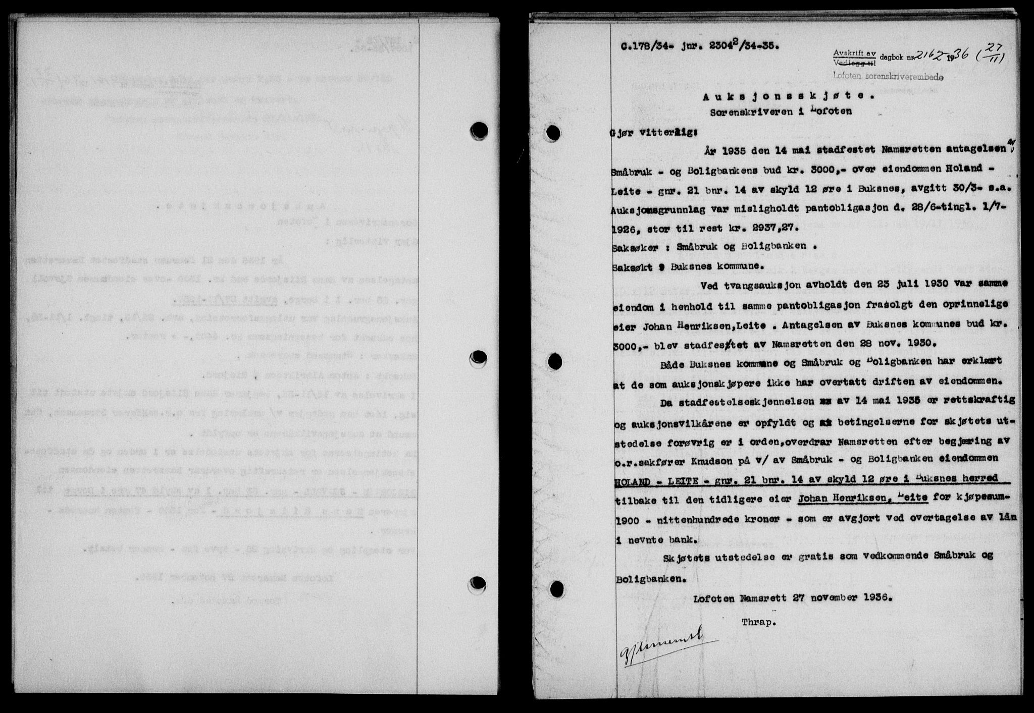 Lofoten sorenskriveri, SAT/A-0017/1/2/2C/L0001a: Mortgage book no. 1a, 1936-1937, Diary no: : 2162/1936