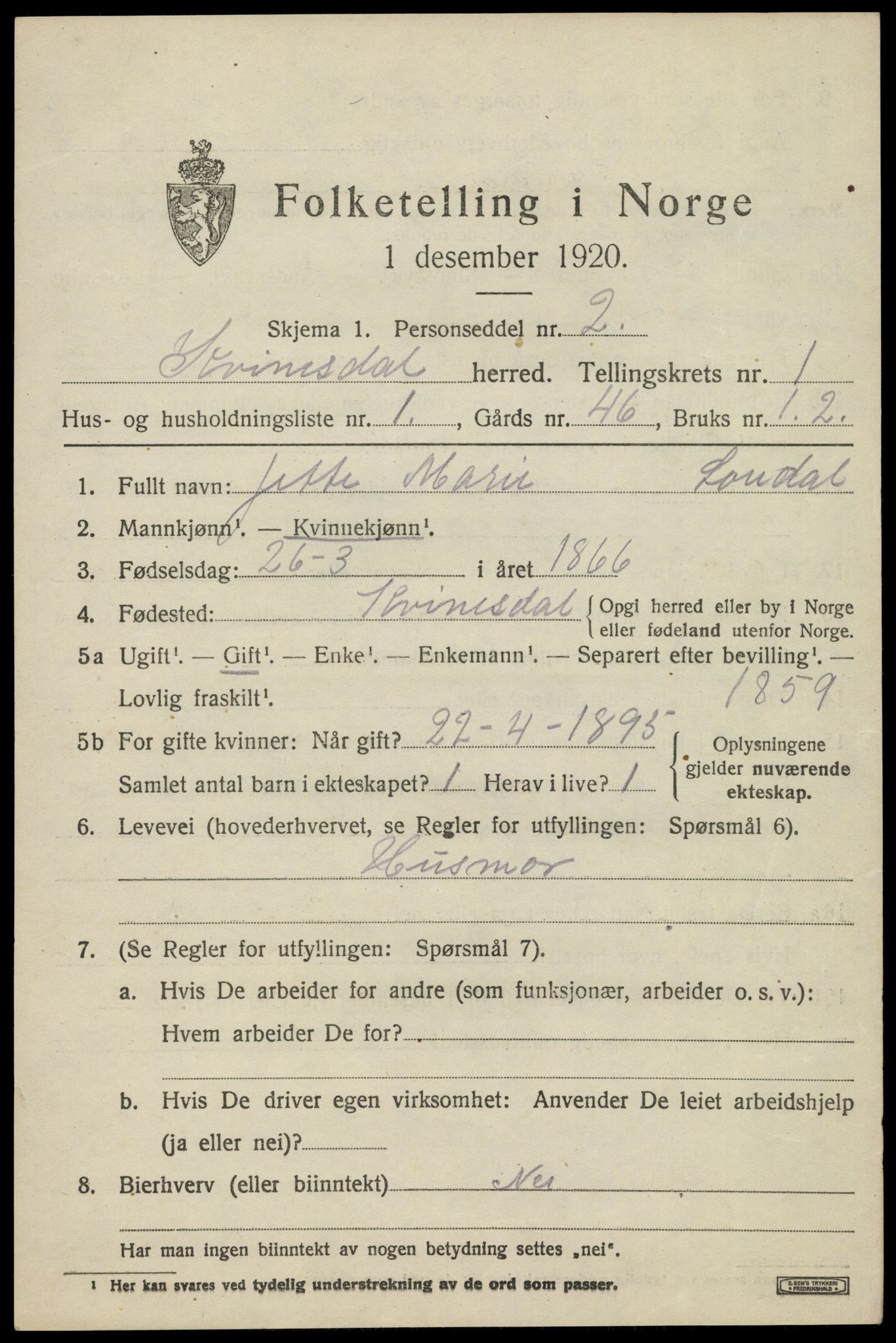 SAK, 1920 census for Kvinesdal, 1920, p. 1353