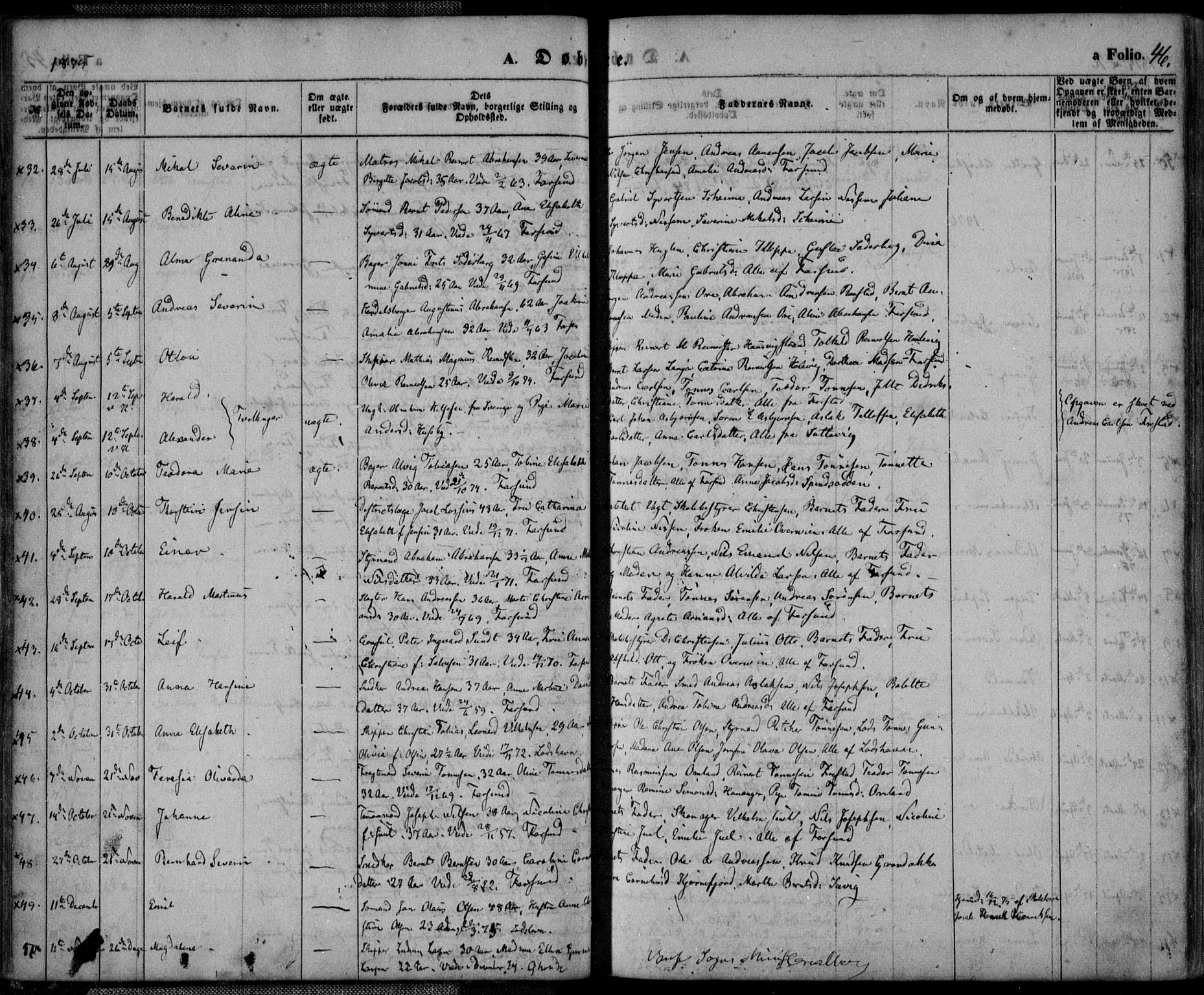 Farsund sokneprestkontor, SAK/1111-0009/F/Fa/L0005: Parish register (official) no. A 5, 1863-1886, p. 46