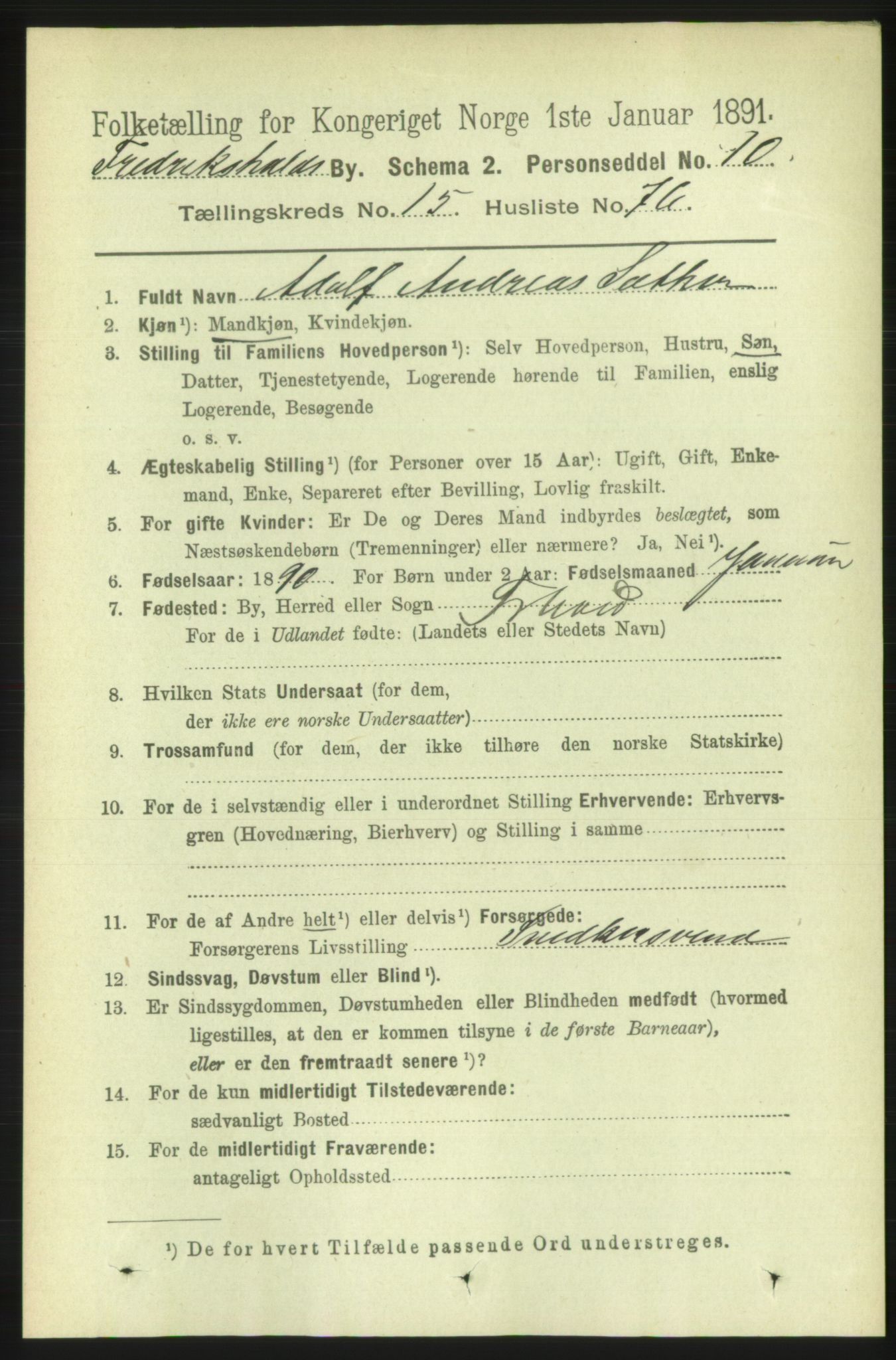 RA, 1891 census for 0101 Fredrikshald, 1891, p. 10309