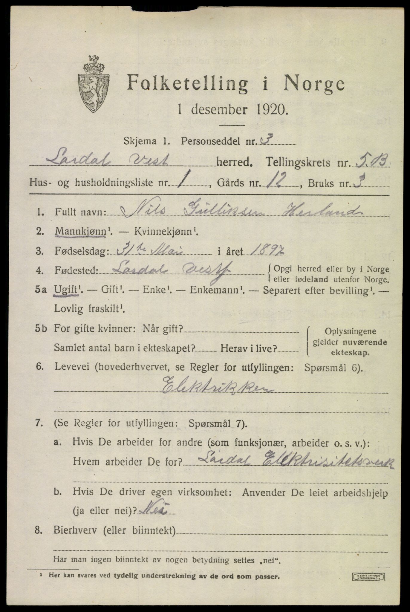SAKO, 1920 census for Lardal, 1920, p. 5233