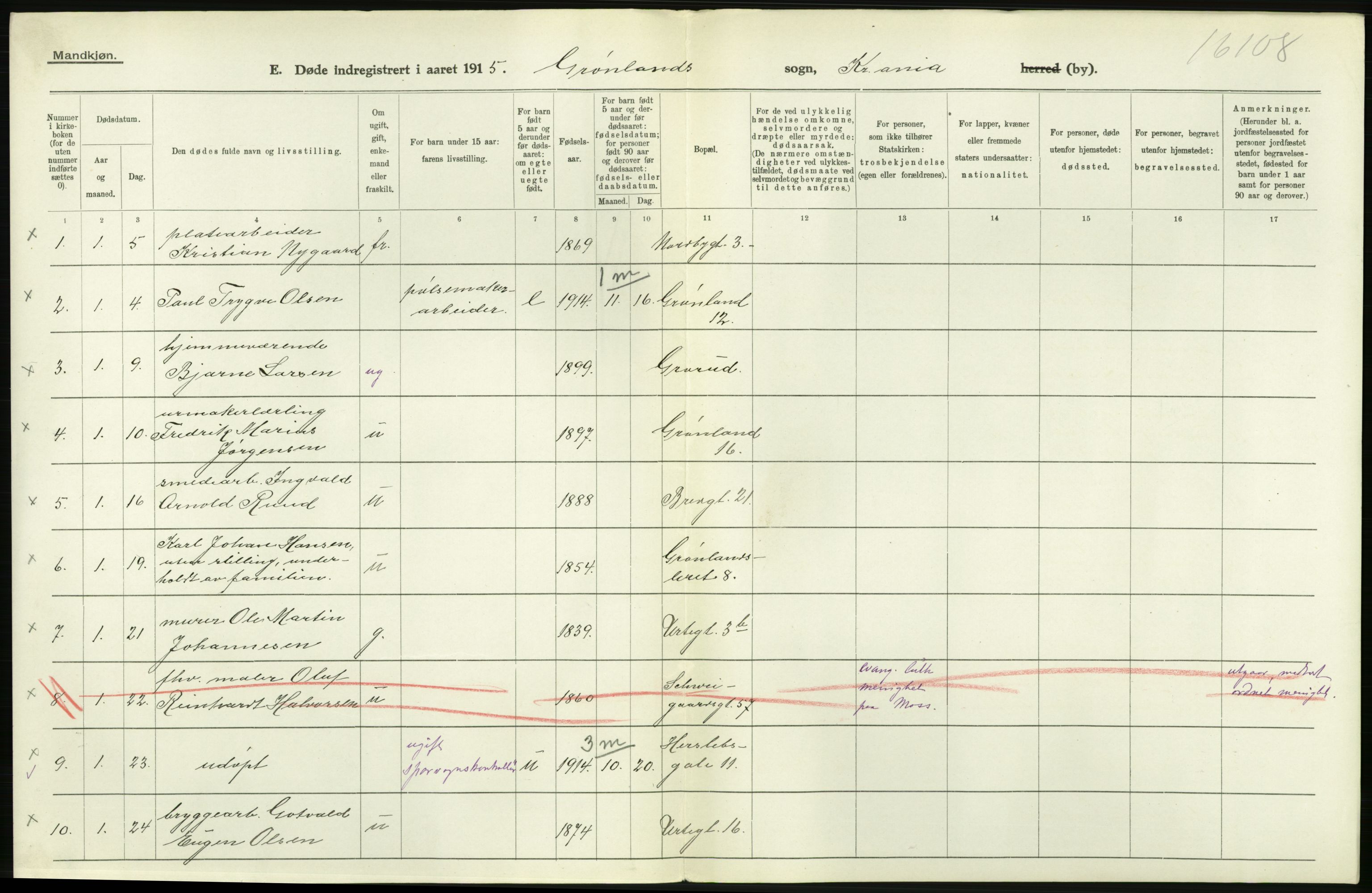 Statistisk sentralbyrå, Sosiodemografiske emner, Befolkning, RA/S-2228/D/Df/Dfb/Dfbe/L0010: Kristiania: Døde, dødfødte., 1915, p. 66