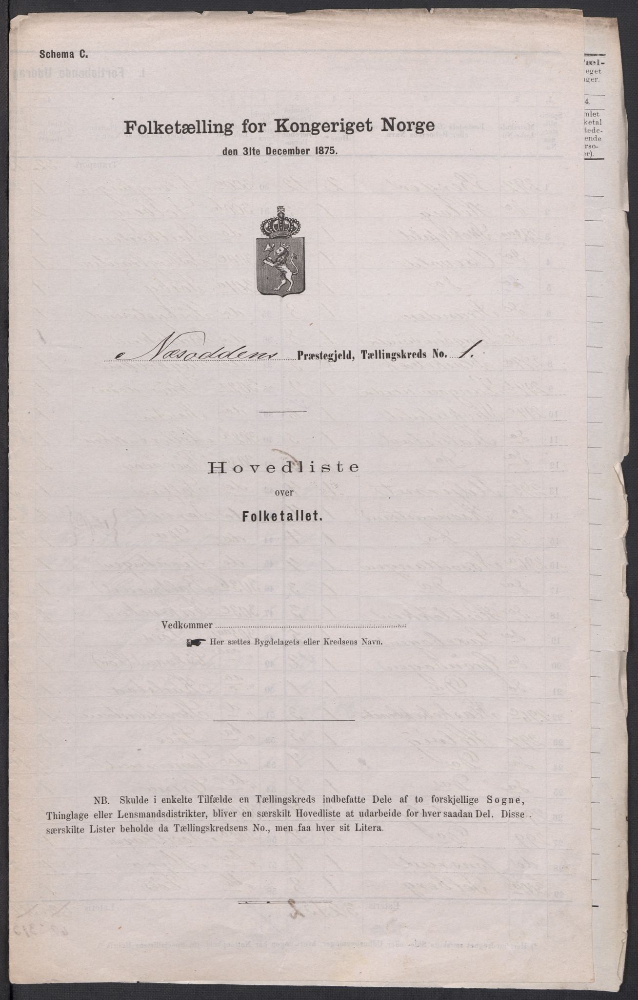 RA, 1875 census for 0216P Nesodden, 1875, p. 1
