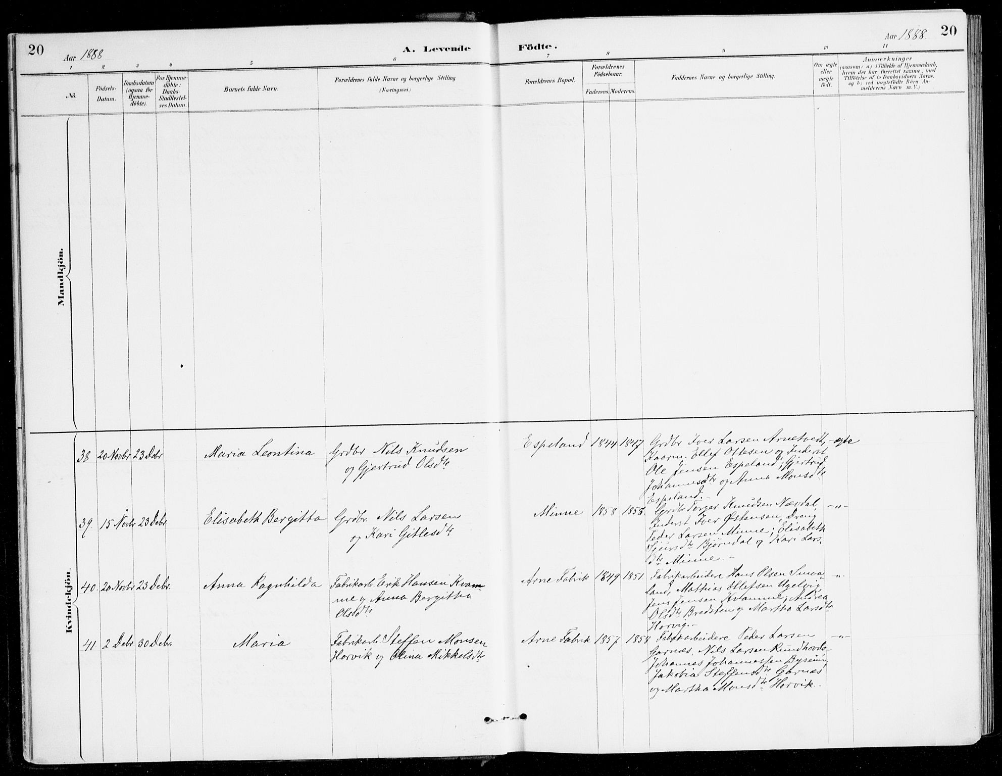 Haus sokneprestembete, AV/SAB-A-75601/H/Haa/Haad/L0001: Parish register (official) no. D 1, 1887-1898, p. 20