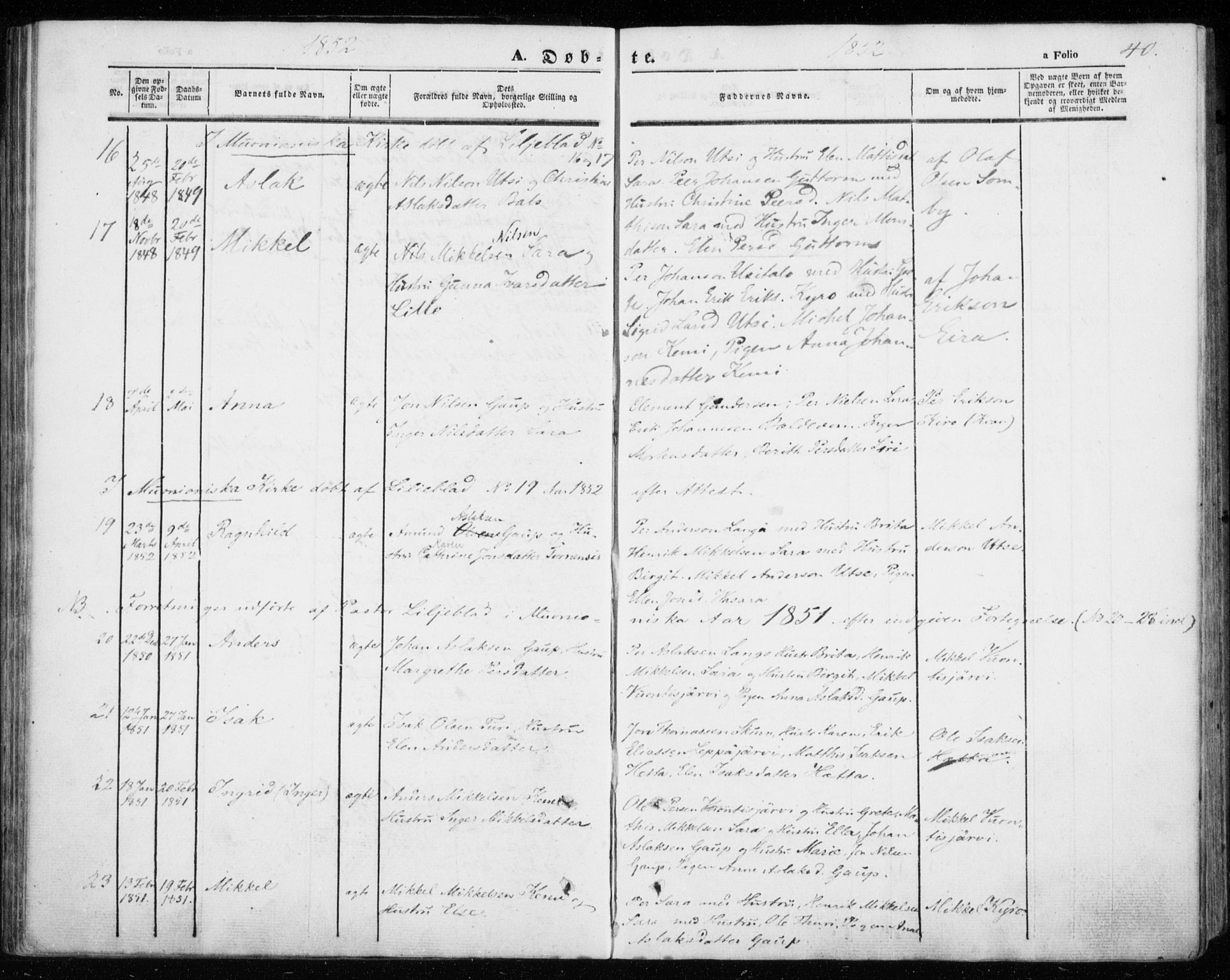 Kautokeino sokneprestembete, AV/SATØ-S-1340/H/Ha/L0002.kirke: Parish register (official) no. 2, 1843-1861, p. 40