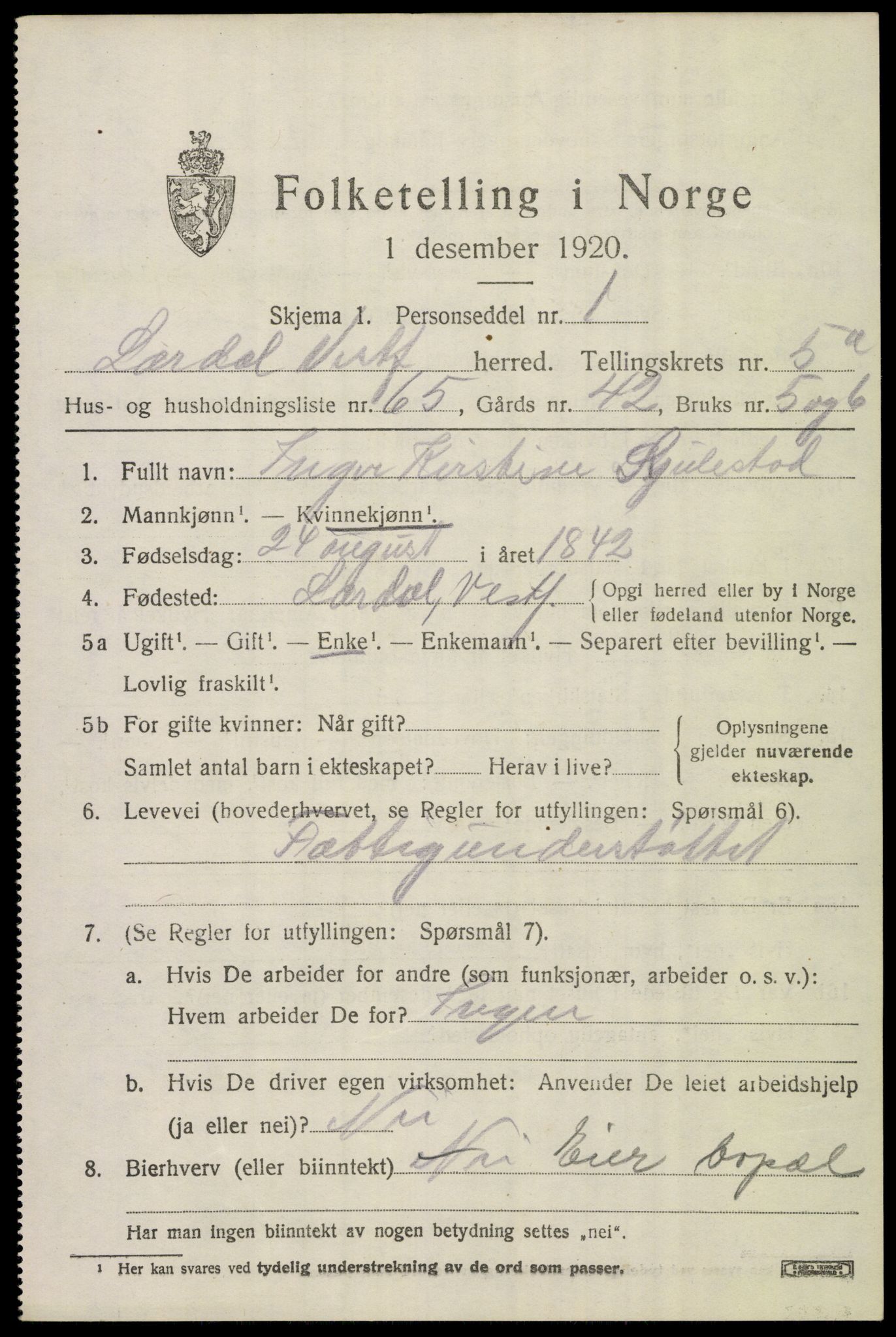 SAKO, 1920 census for Lardal, 1920, p. 5185