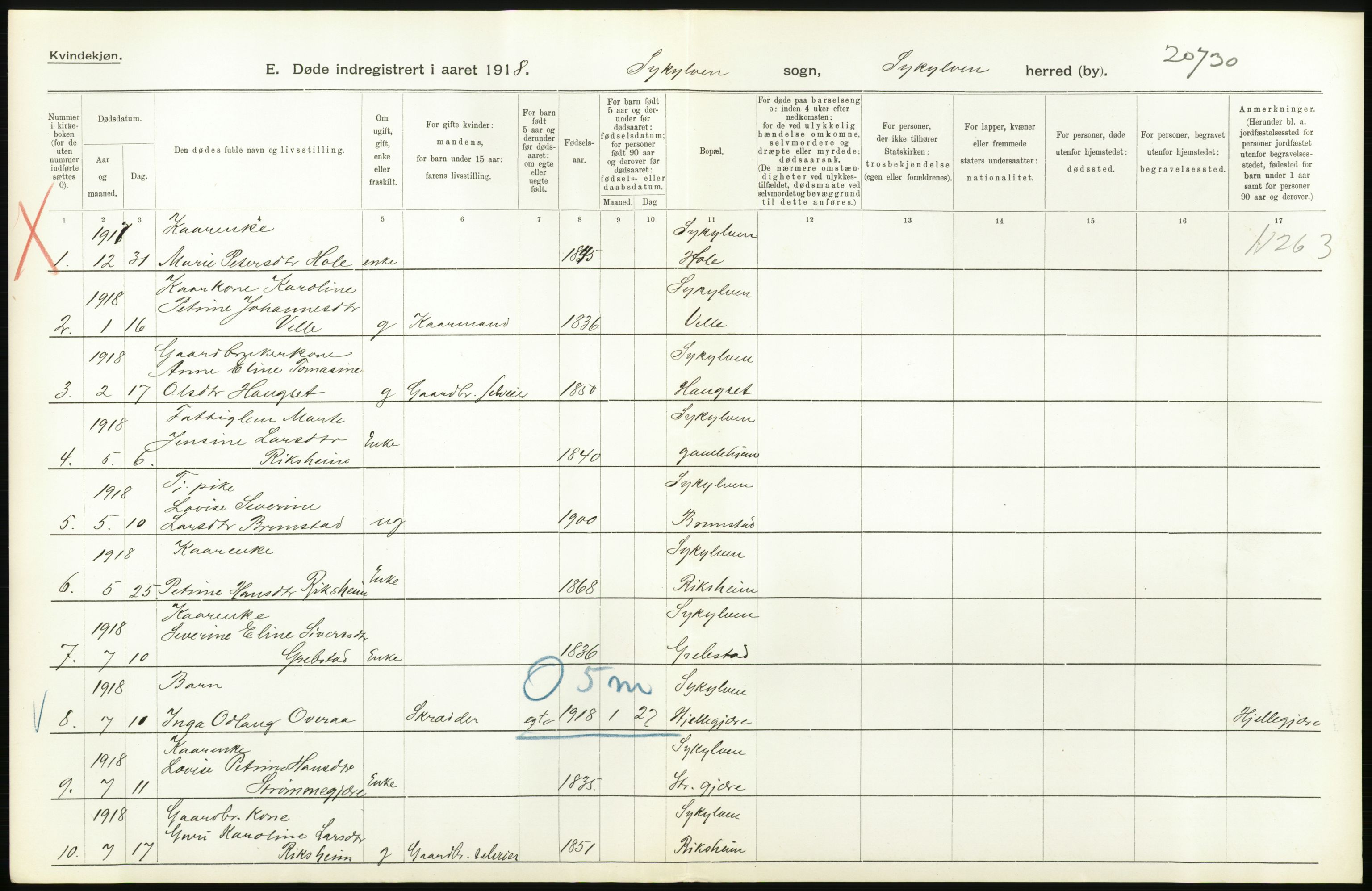 Statistisk sentralbyrå, Sosiodemografiske emner, Befolkning, RA/S-2228/D/Df/Dfb/Dfbh/L0045: Møre fylke: Døde. Bygder og byer., 1918, p. 74