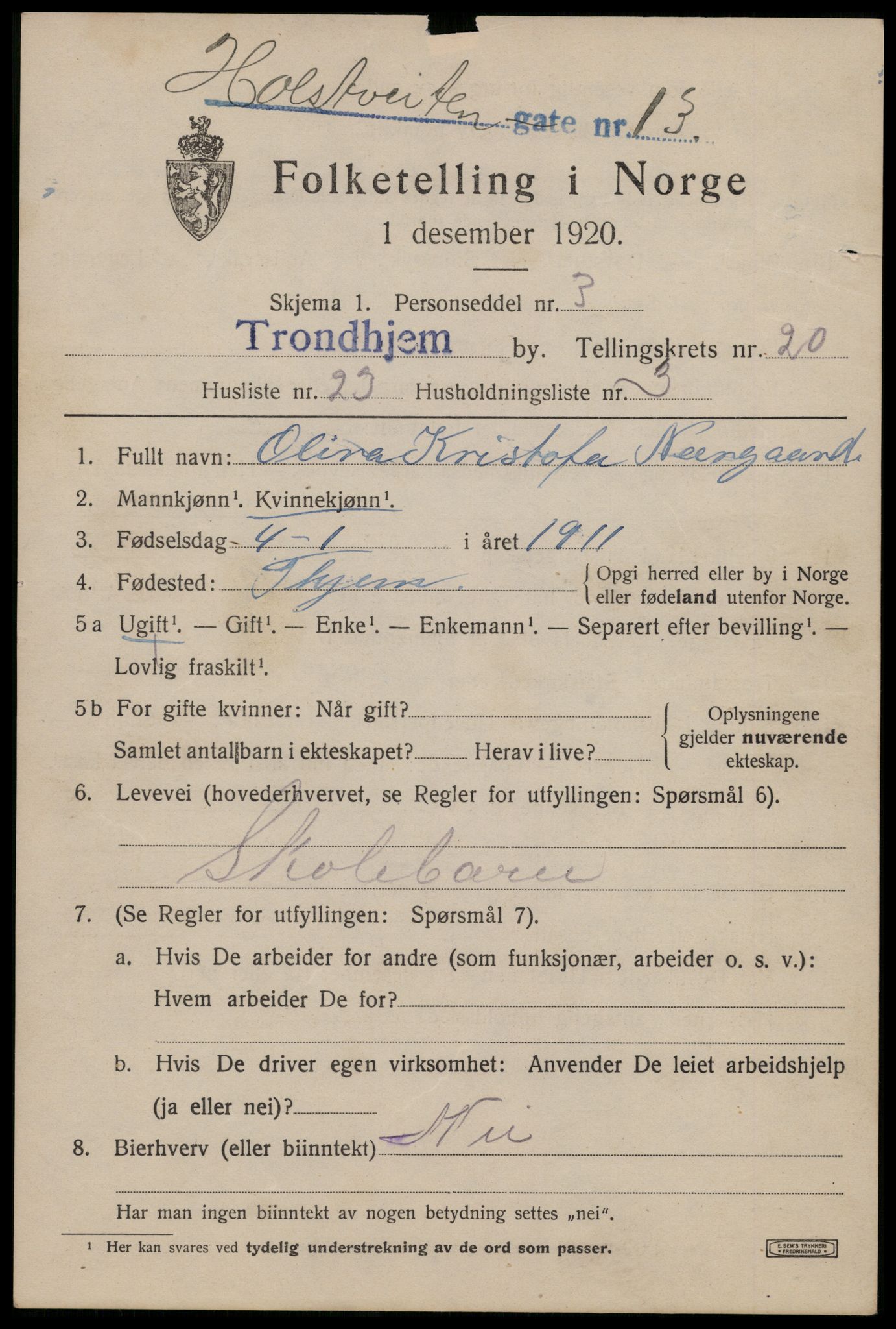 SAT, 1920 census for Trondheim, 1920, p. 60154