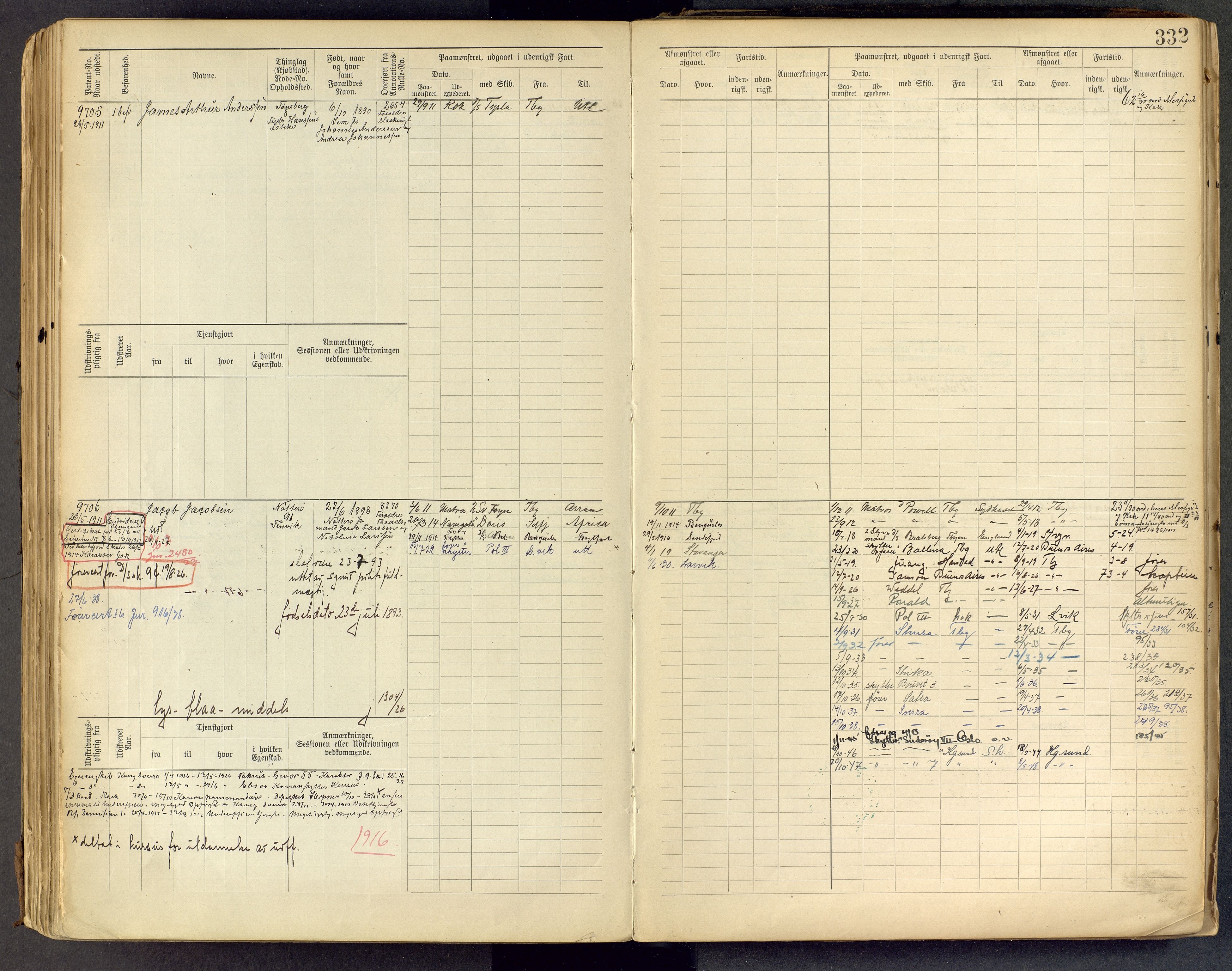 Tønsberg innrulleringskontor, AV/SAKO-A-786/F/Fc/Fcb/L0009: Hovedrulle Patent nr. 9043-9992, 1900-1921, p. 332