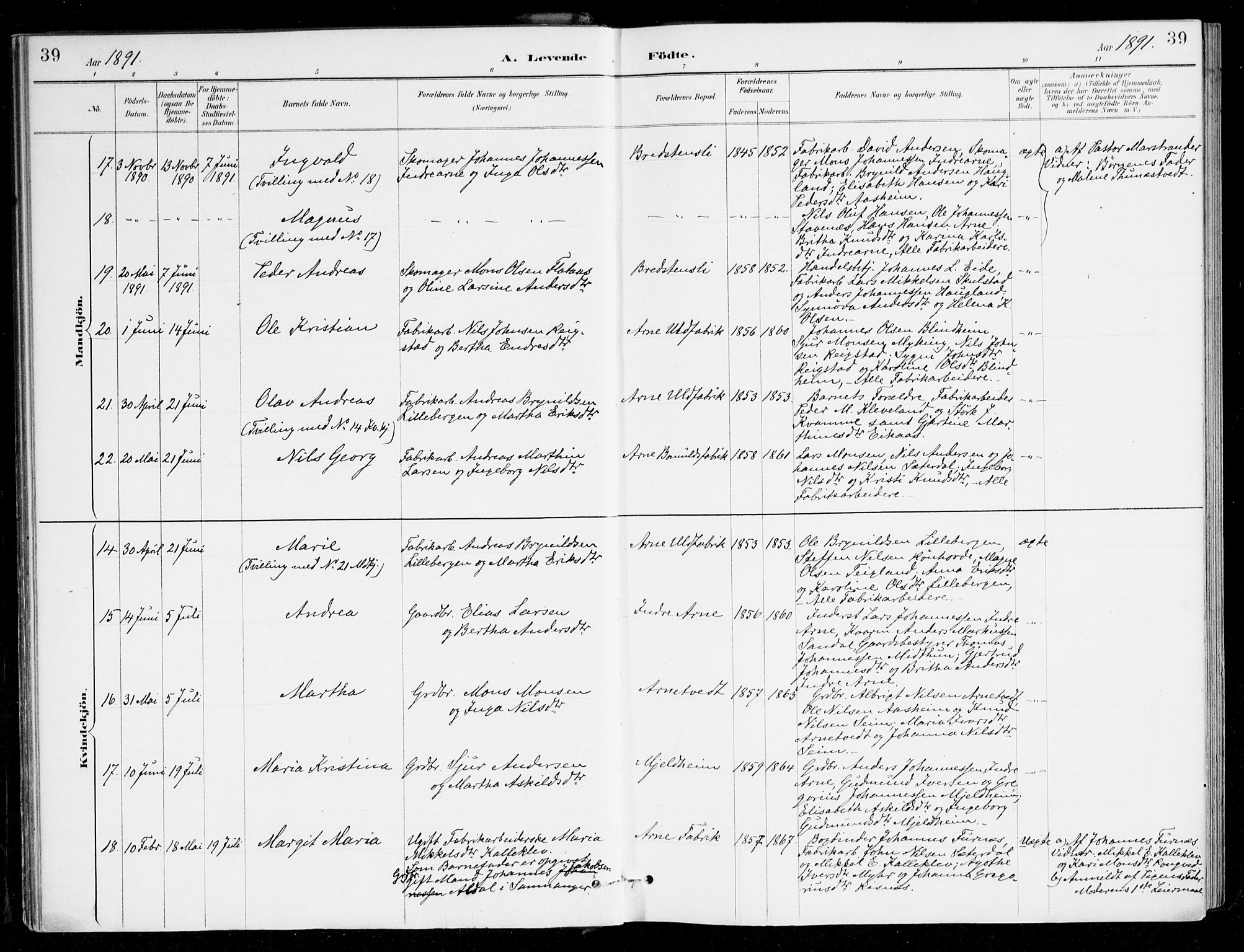 Haus sokneprestembete, AV/SAB-A-75601/H/Haa/Haad/L0001: Parish register (official) no. D 1, 1887-1898, p. 39