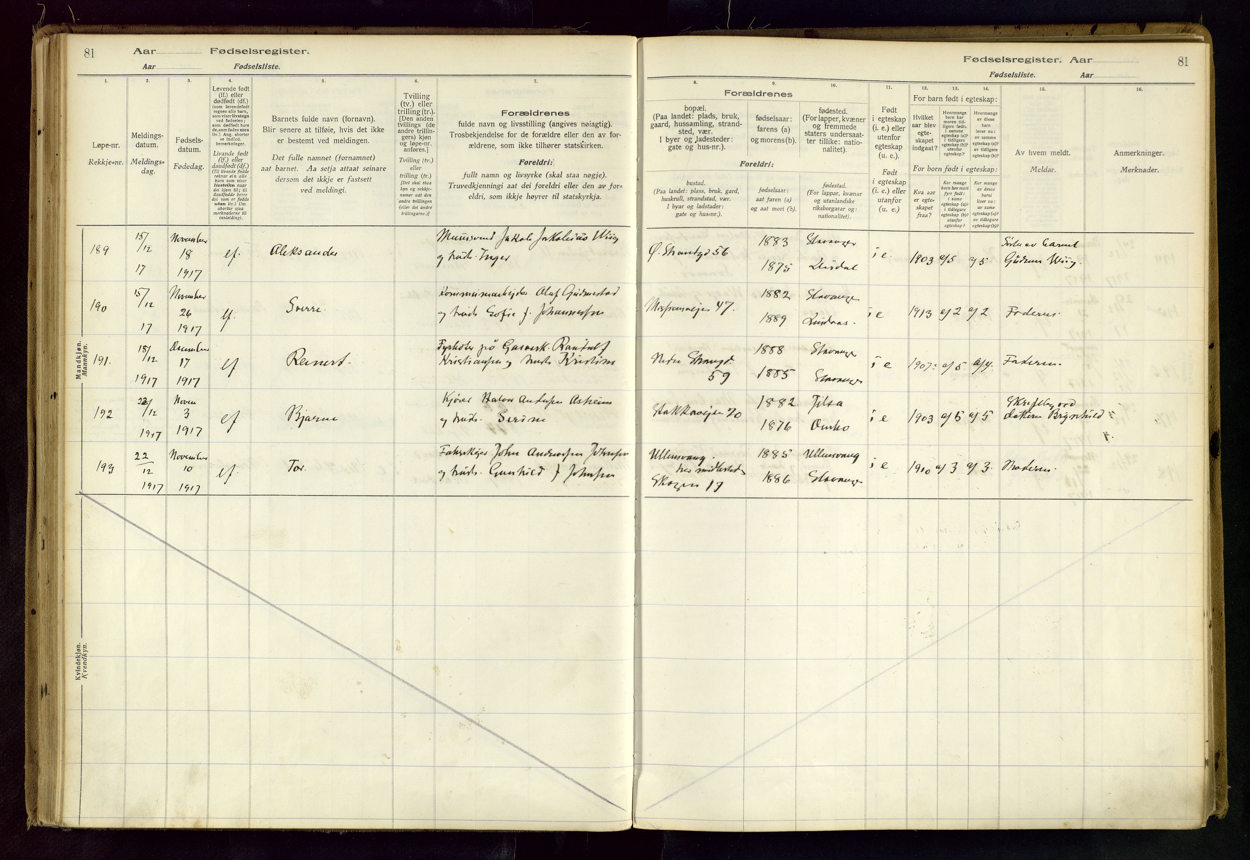 Domkirken sokneprestkontor, AV/SAST-A-101812/002/B/L0001: Birth register no. 1, 1916-1920, p. 81