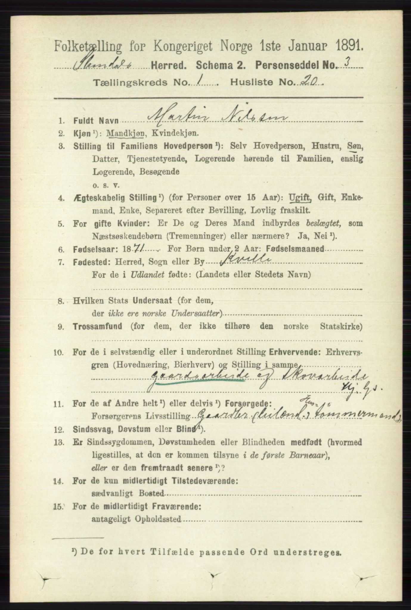 RA, 1891 census for 0811 Slemdal, 1891, p. 172