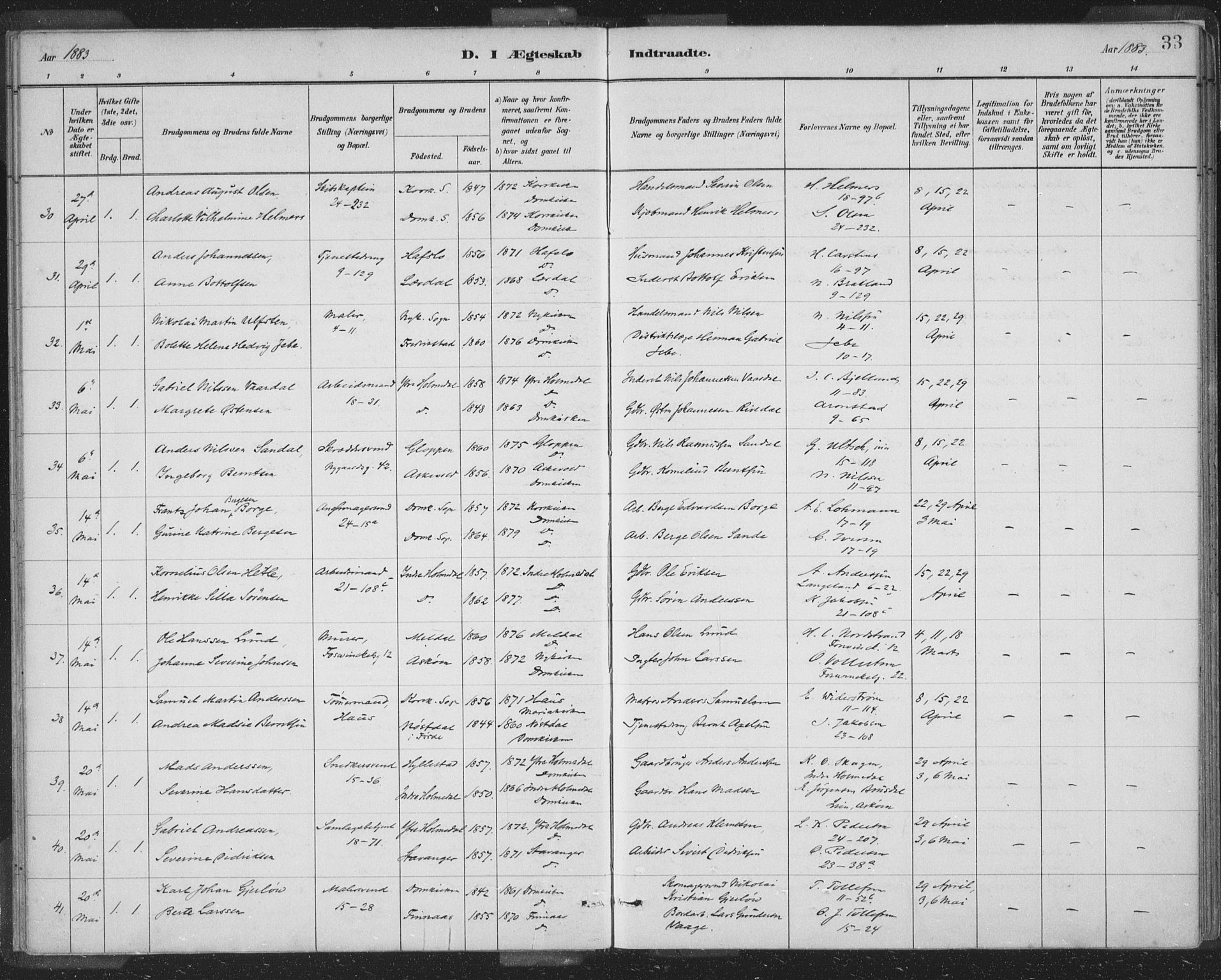 Domkirken sokneprestembete, AV/SAB-A-74801/H/Hab/L0032: Parish register (copy) no. D 4, 1880-1907, p. 33