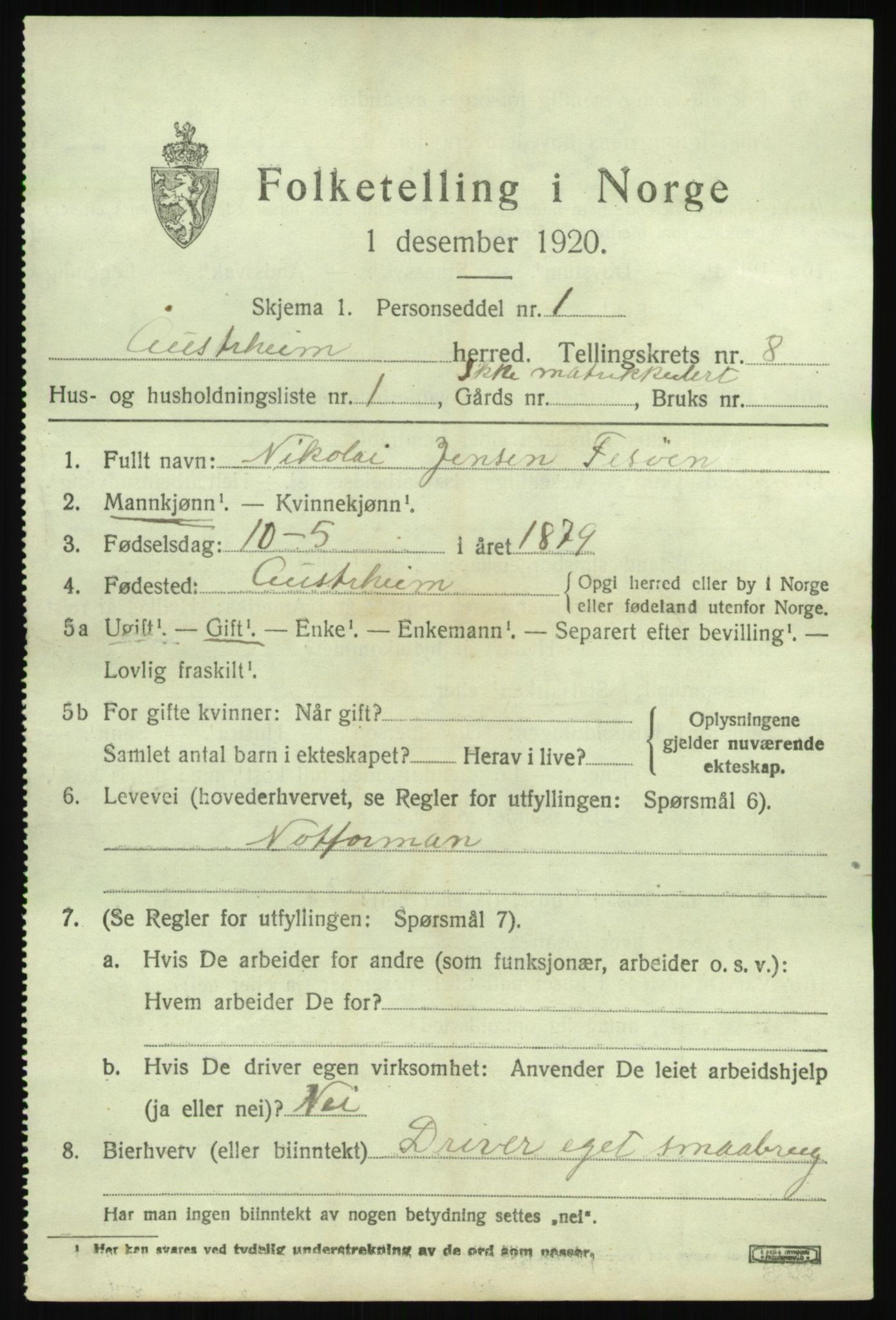 SAB, 1920 census for Austrheim, 1920, p. 2940