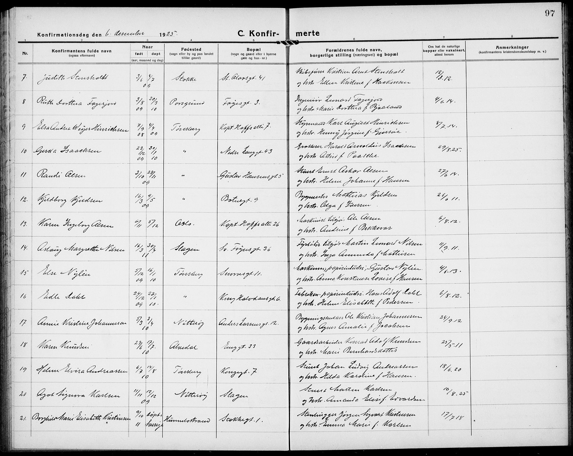 Tønsberg kirkebøker, AV/SAKO-A-330/G/Ga/L0013: Parish register (copy) no. 13, 1920-1929, p. 97