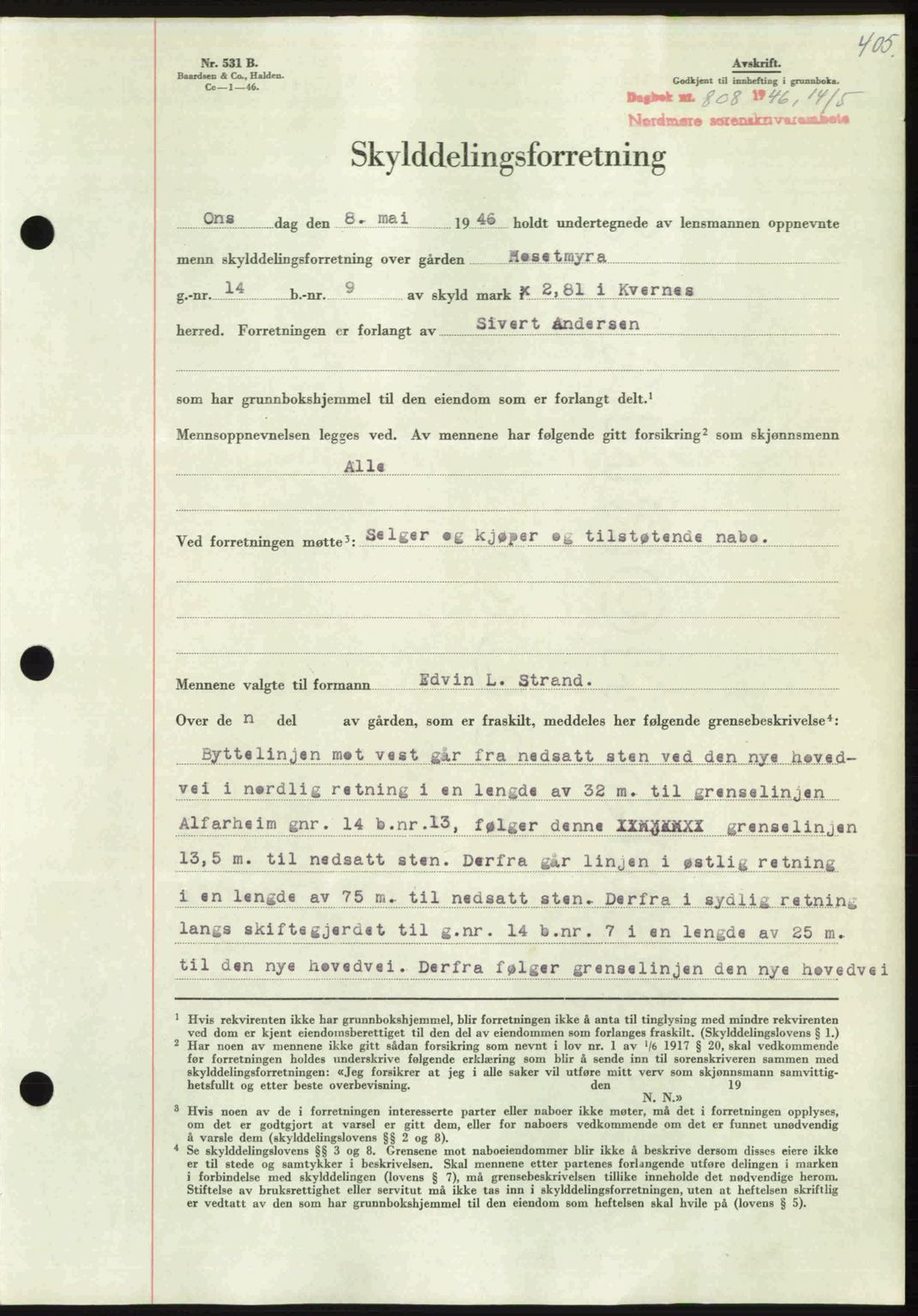 Nordmøre sorenskriveri, AV/SAT-A-4132/1/2/2Ca: Mortgage book no. A101, 1946-1946, Diary no: : 808/1946