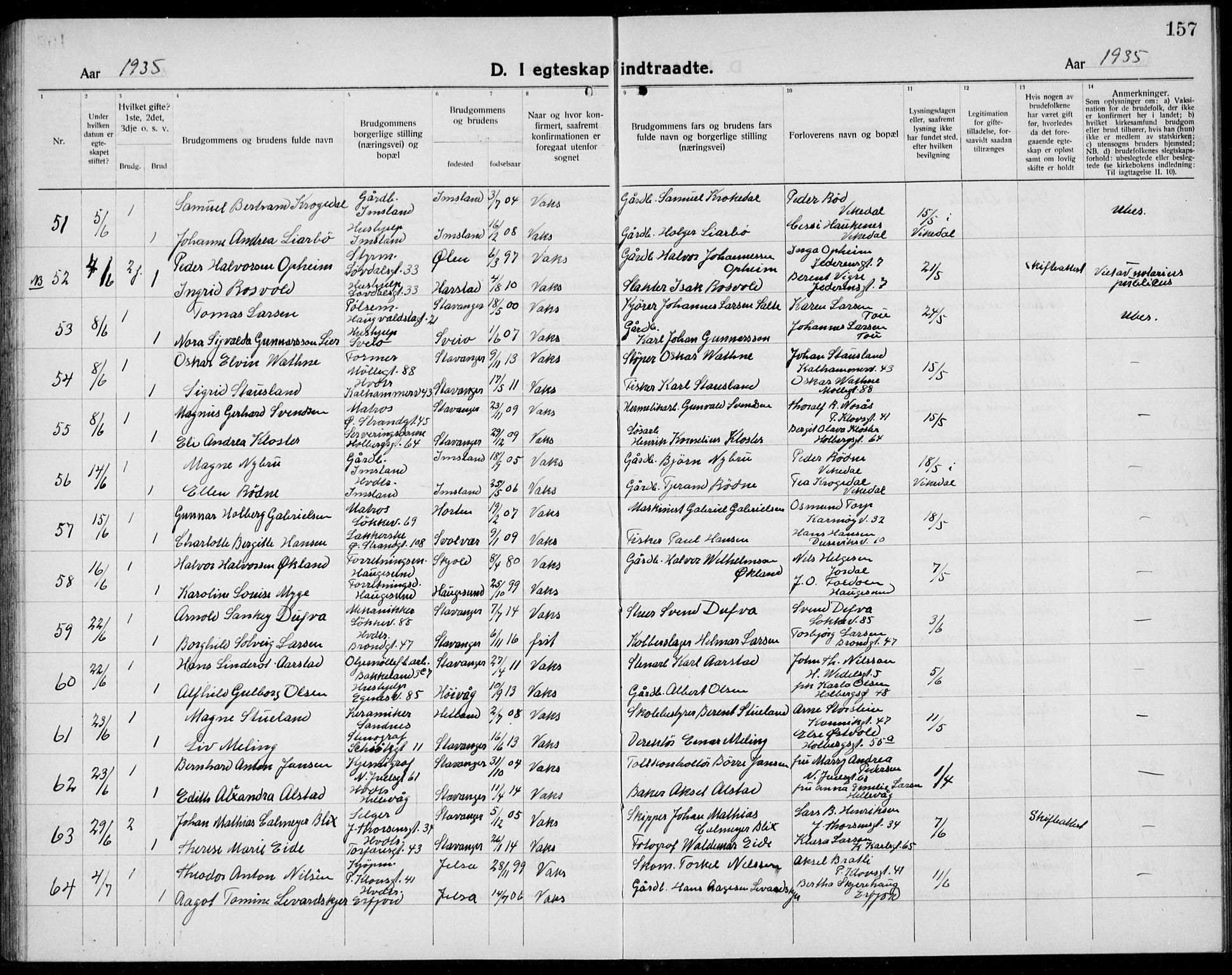 Domkirken sokneprestkontor, AV/SAST-A-101812/001/30/30BB/L0020: Parish register (copy) no. B 20, 1921-1937, p. 157