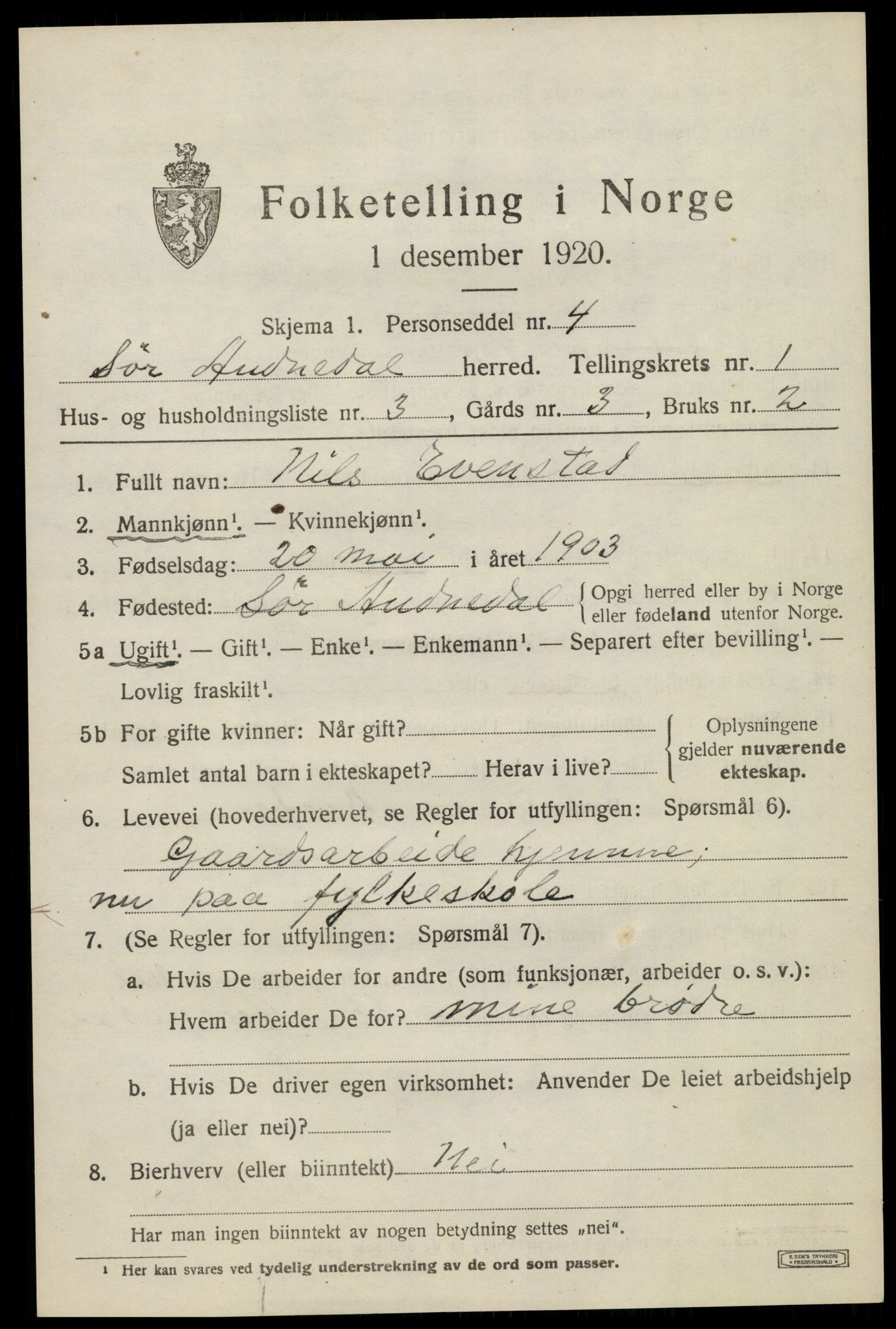 SAK, 1920 census for Sør-Audnedal, 1920, p. 1483