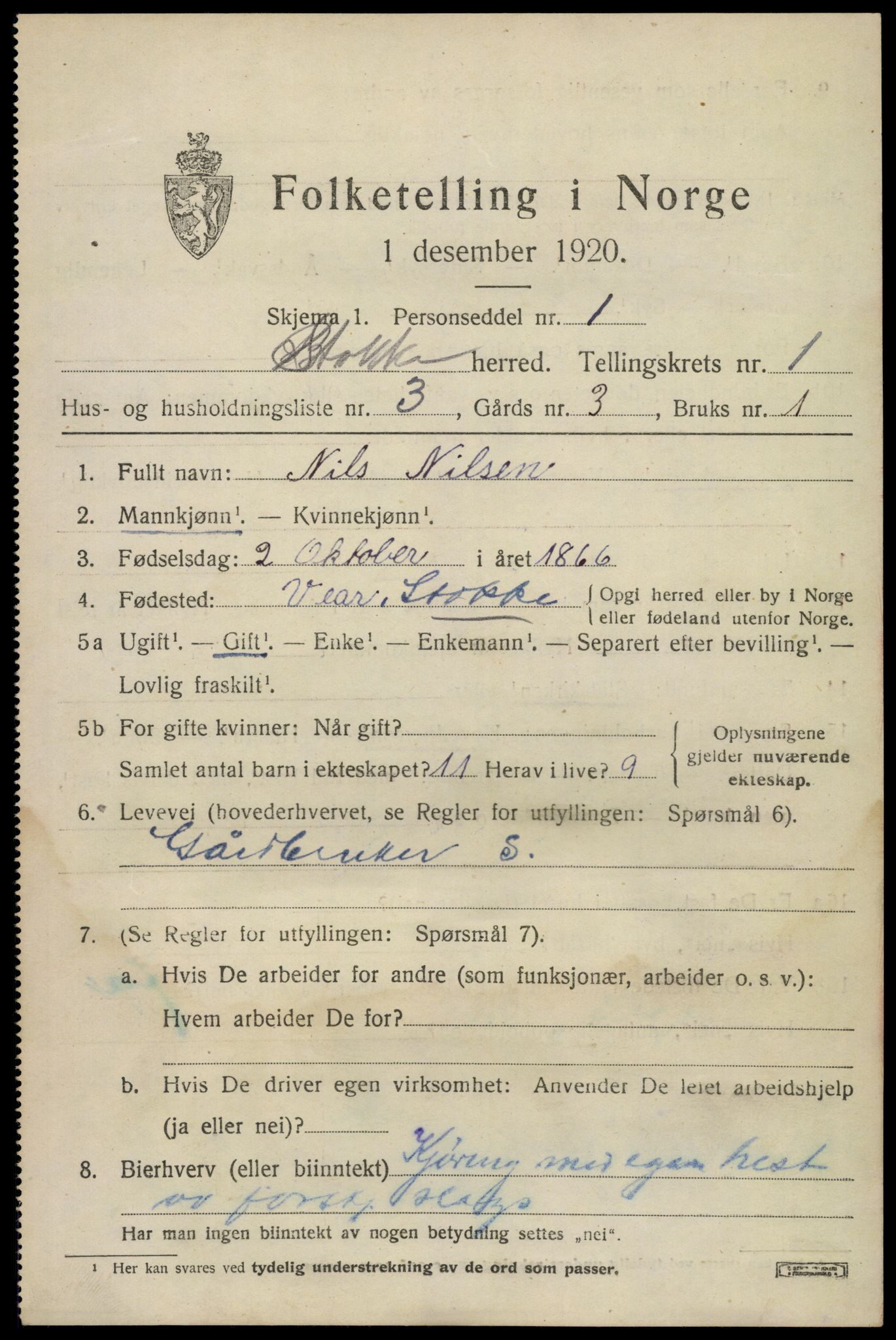SAKO, 1920 census for Stokke, 1920, p. 2056
