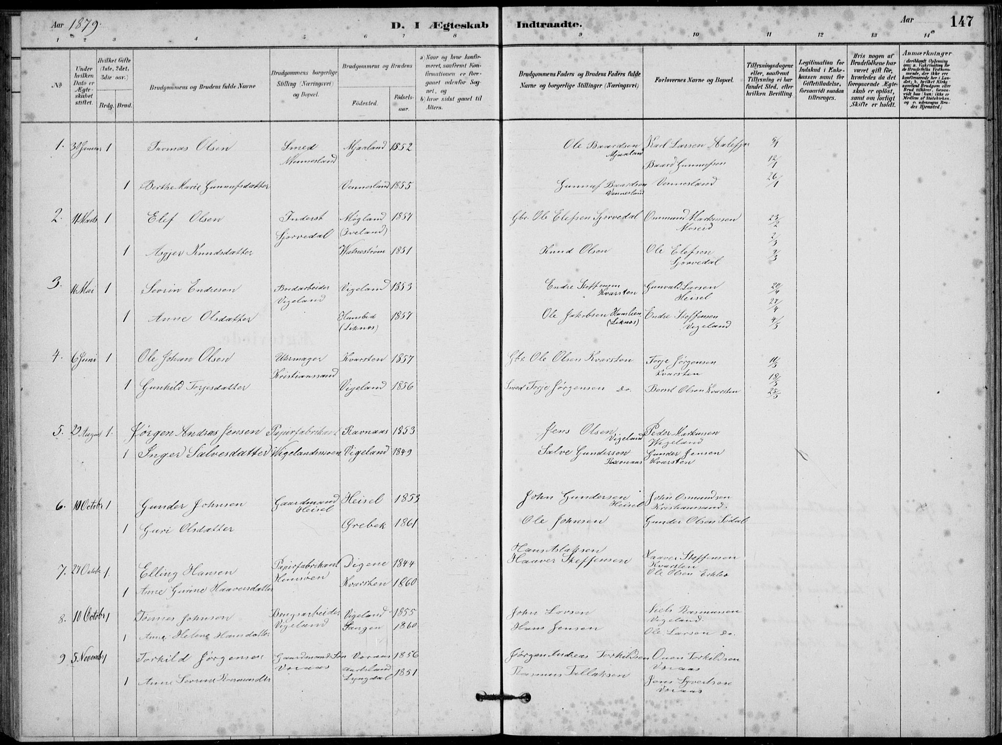 Vennesla sokneprestkontor, SAK/1111-0045/Fb/Fbb/L0003: Parish register (copy) no. B 3, 1879-1893, p. 147