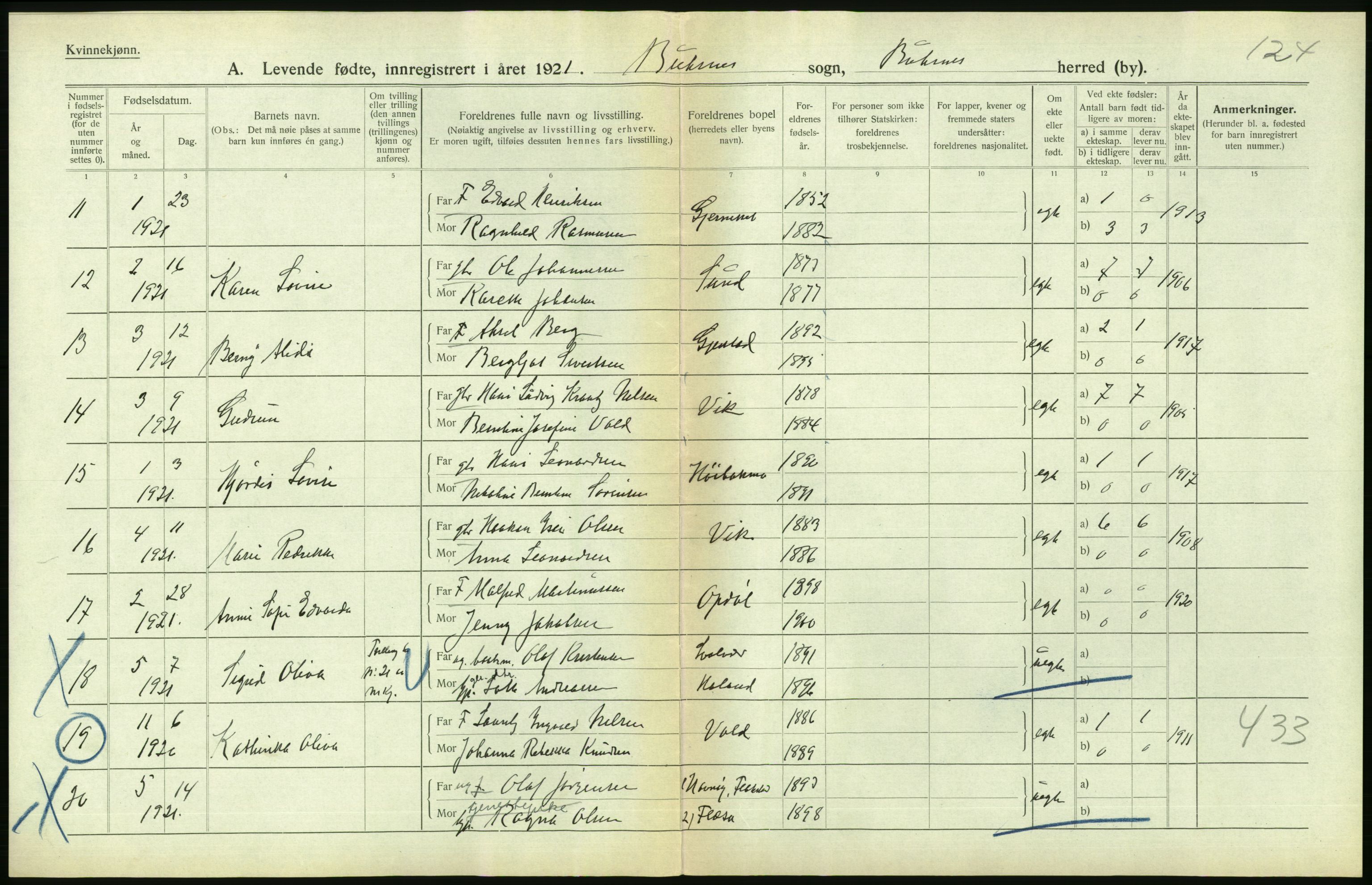 Statistisk sentralbyrå, Sosiodemografiske emner, Befolkning, RA/S-2228/D/Df/Dfc/Dfca/L0049: Nordland fylke: Levendefødte menn og kvinner. Bygder., 1921, p. 338