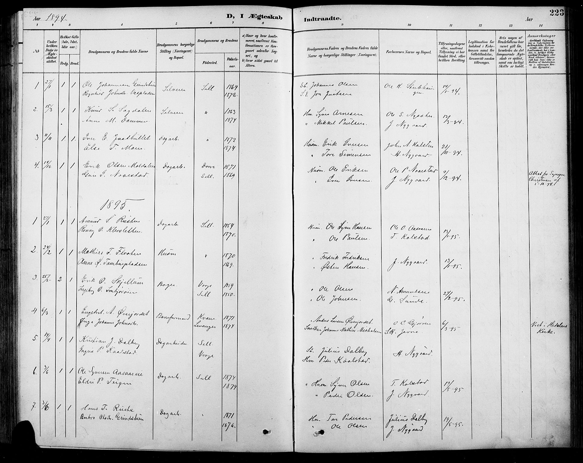 Sel prestekontor, SAH/PREST-074/H/Ha/Hab/L0001: Parish register (copy) no. 1, 1894-1923, p. 223
