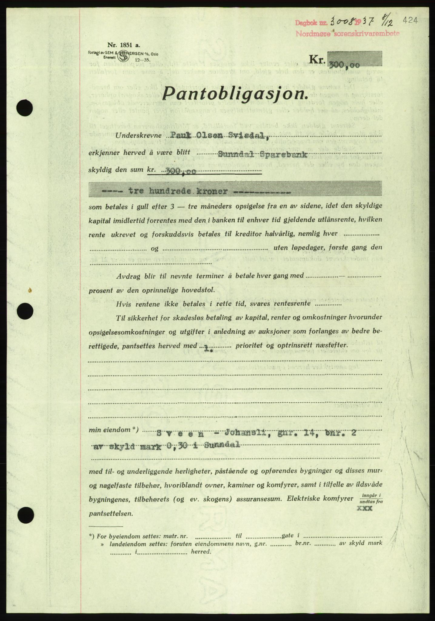 Nordmøre sorenskriveri, AV/SAT-A-4132/1/2/2Ca/L0092: Mortgage book no. B82, 1937-1938, Diary no: : 3008/1937