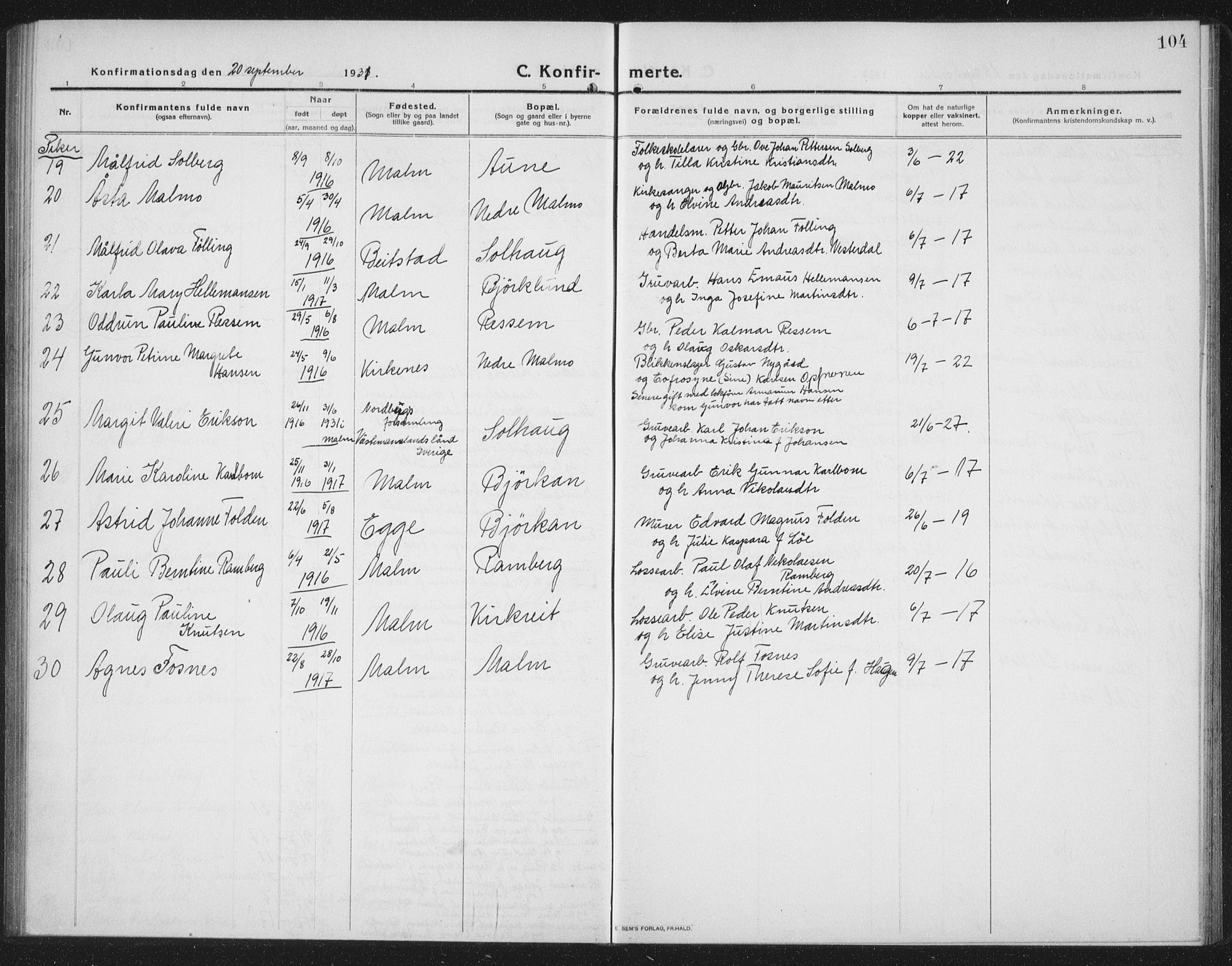 Ministerialprotokoller, klokkerbøker og fødselsregistre - Nord-Trøndelag, SAT/A-1458/745/L0434: Parish register (copy) no. 745C03, 1914-1937, p. 104