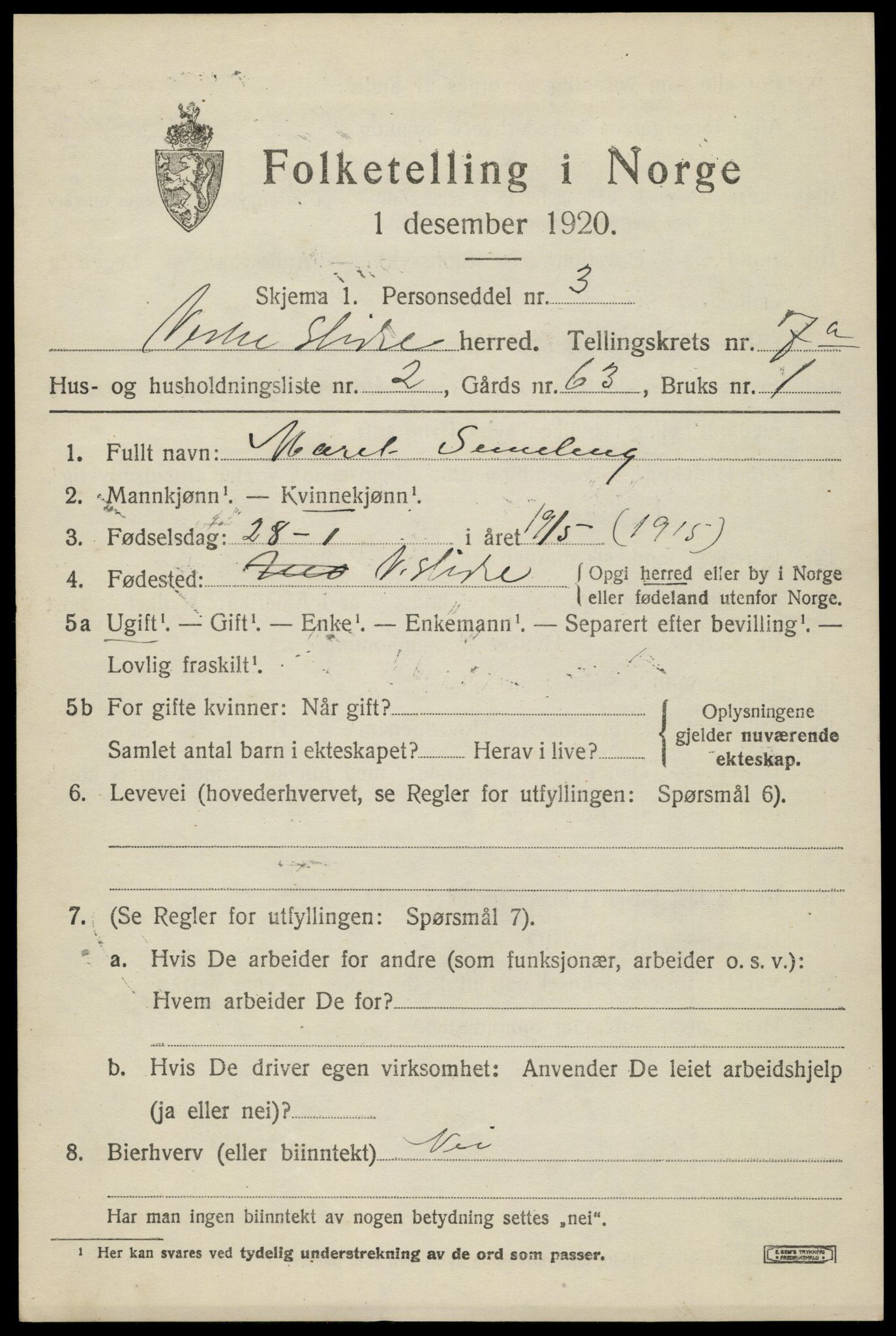 SAH, 1920 census for Vestre Slidre, 1920, p. 3672