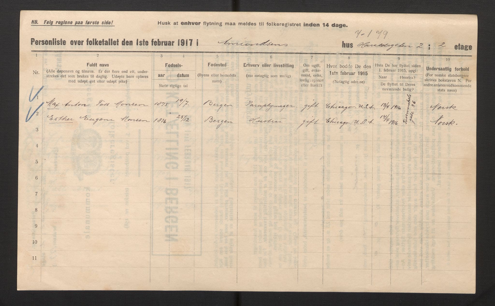 SAB, Municipal Census 1917 for Bergen, 1917, p. 49504