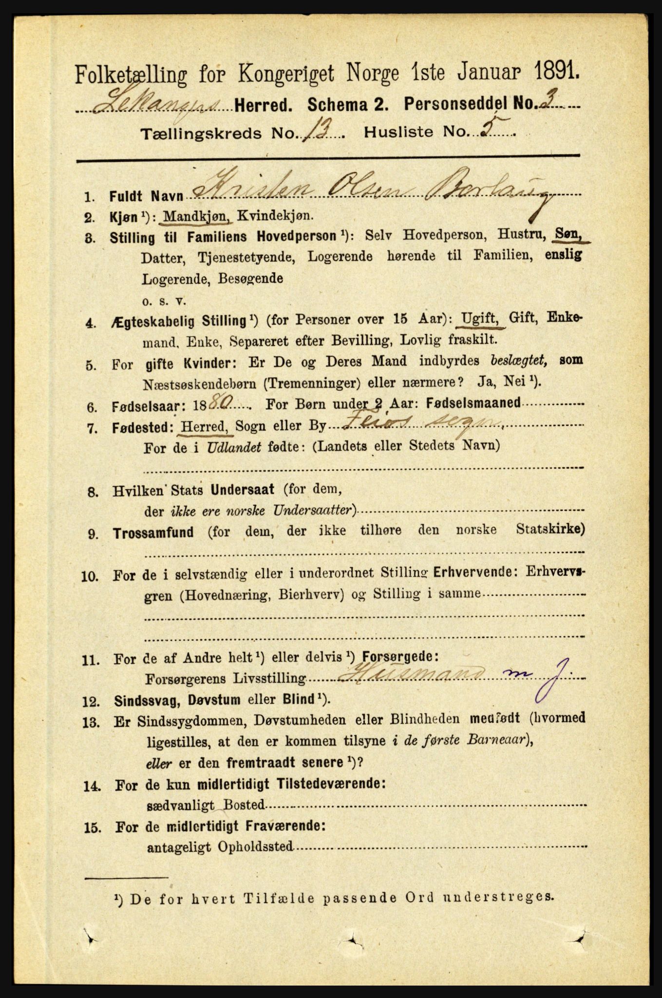 RA, 1891 census for 1419 Leikanger, 1891, p. 2483