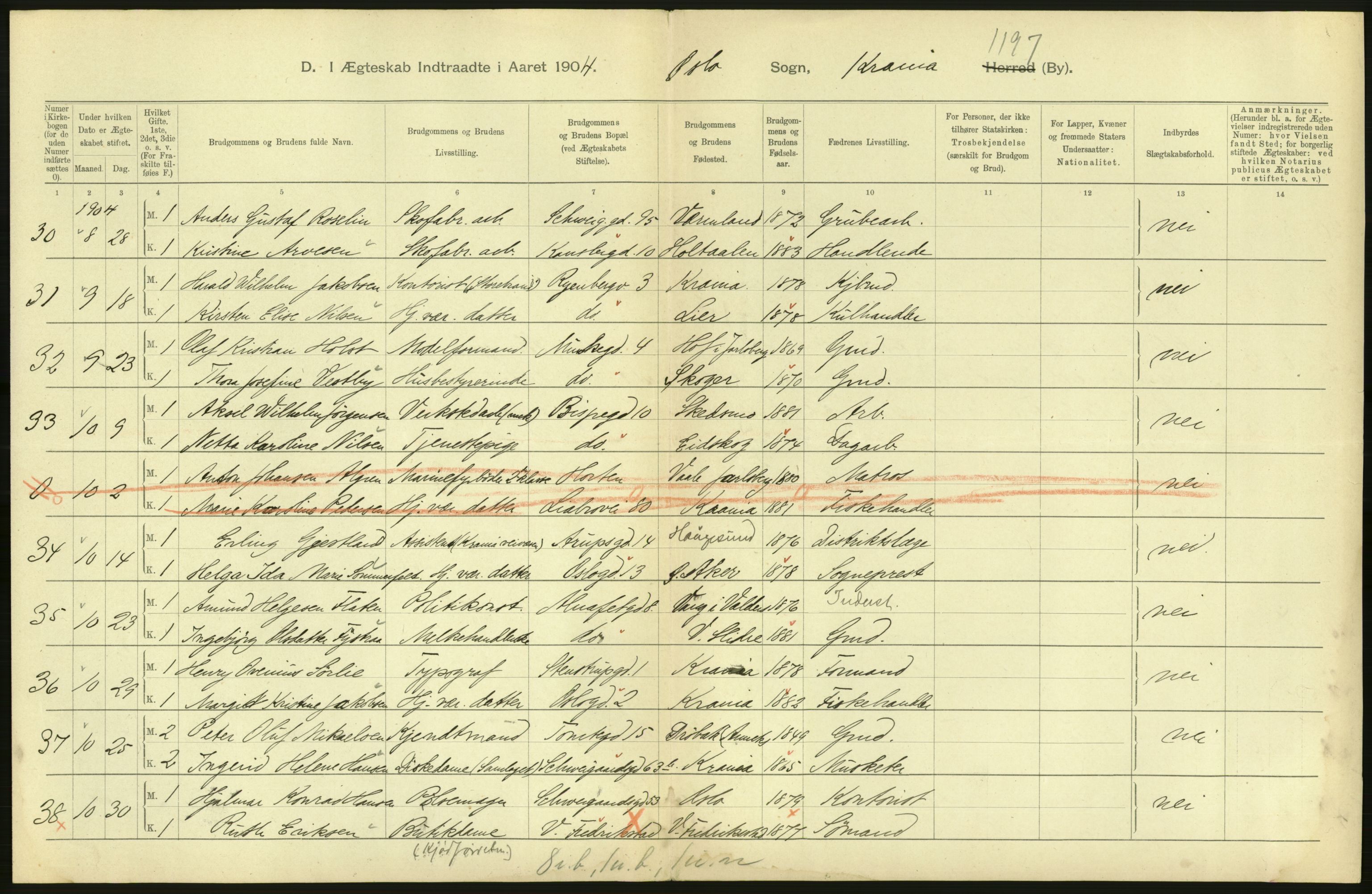 Statistisk sentralbyrå, Sosiodemografiske emner, Befolkning, AV/RA-S-2228/D/Df/Dfa/Dfab/L0004: Kristiania: Gifte, døde, 1904, p. 198