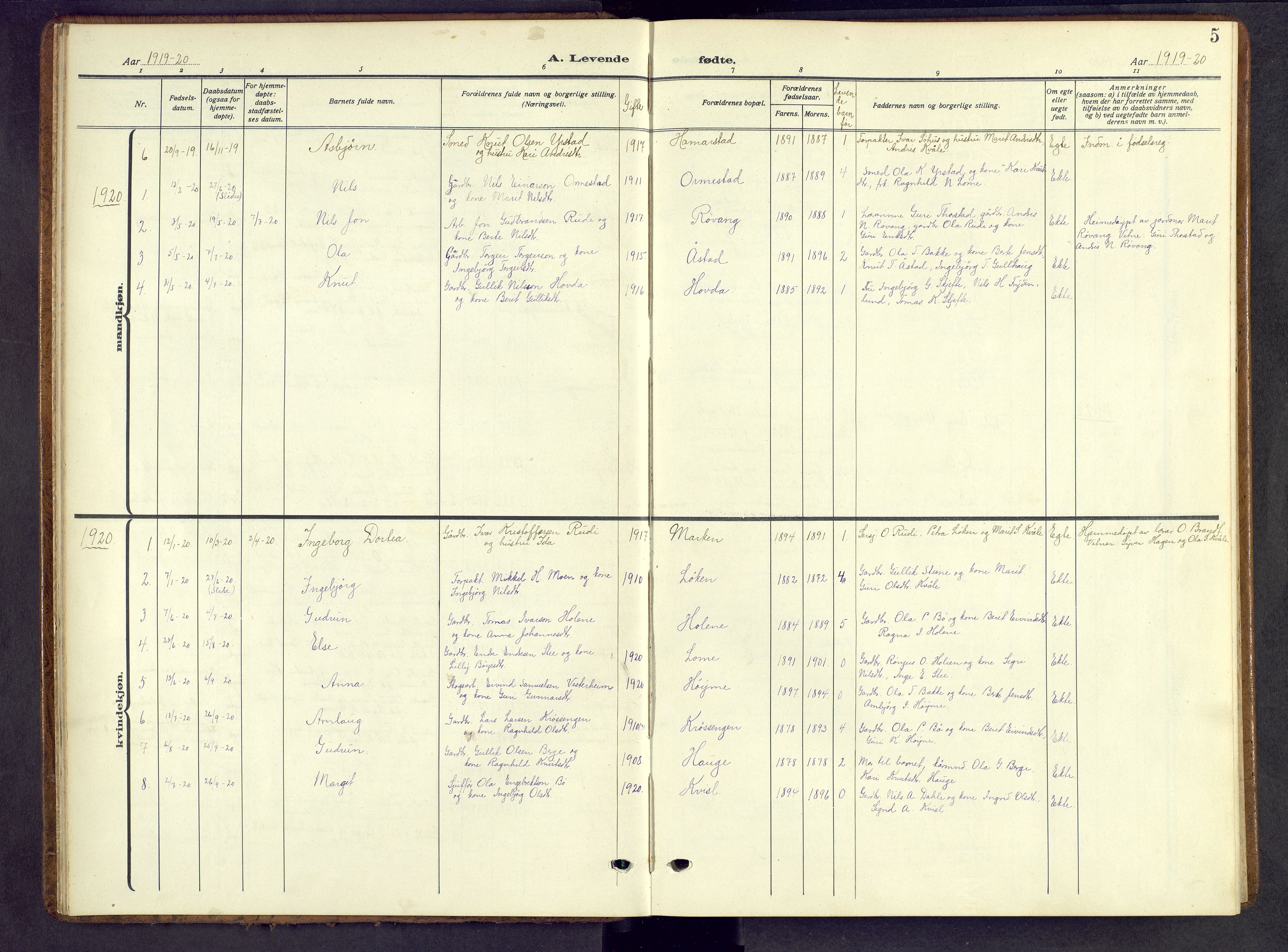 Vestre Slidre prestekontor, SAH/PREST-136/H/Ha/Hab/L0009: Parish register (copy) no. 9, 1914-1970, p. 5