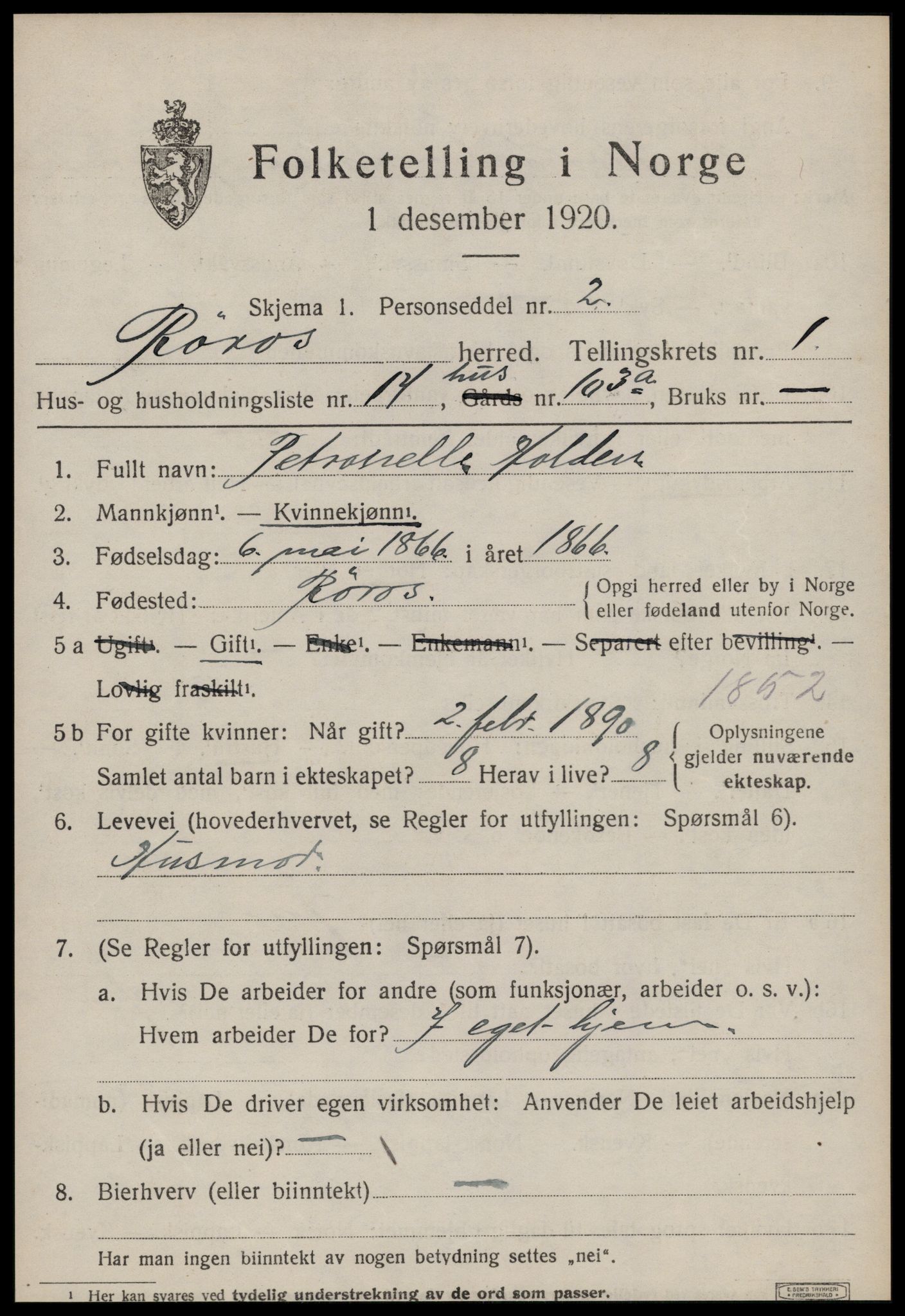 SAT, 1920 census for Røros, 1920, p. 2086