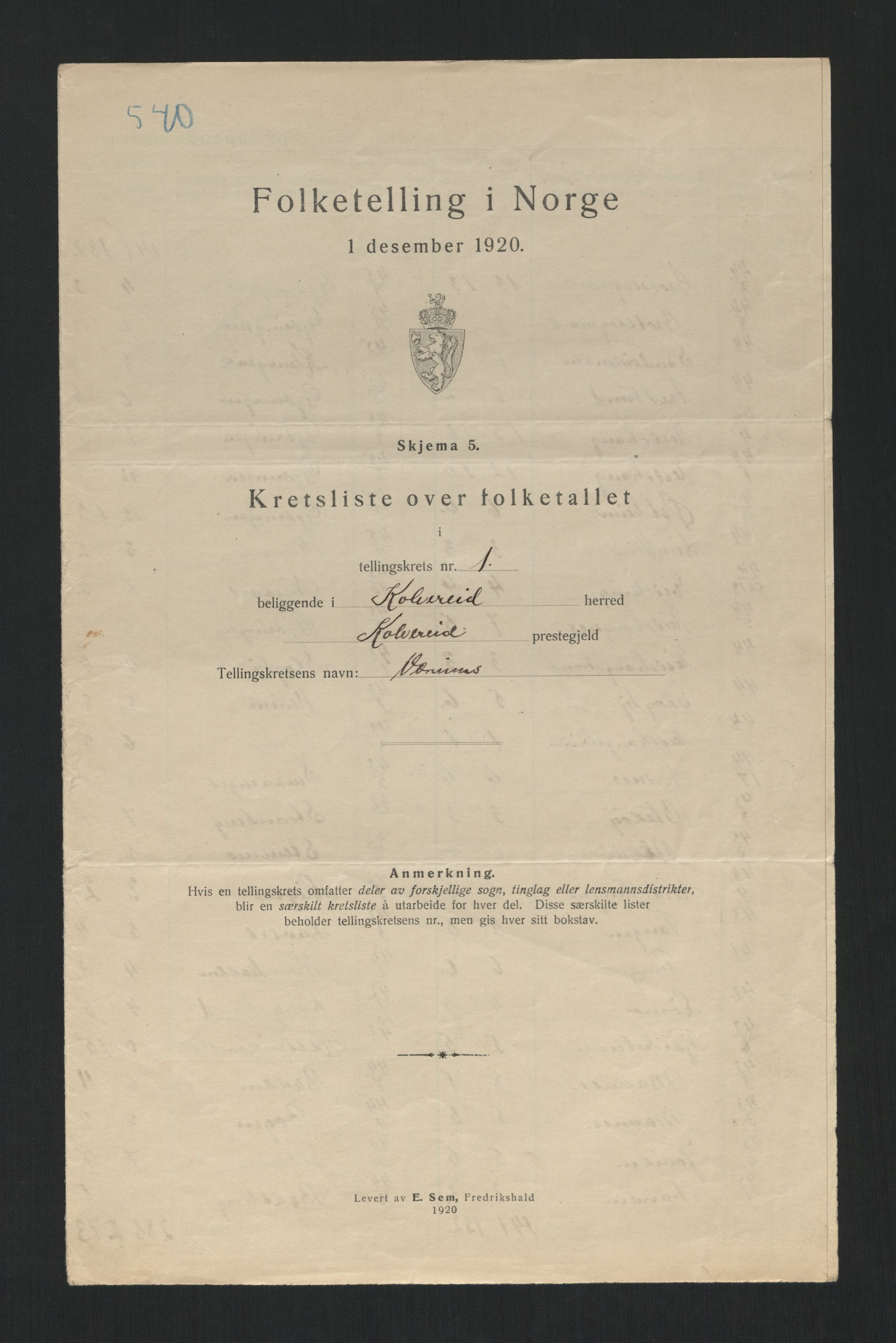 SAT, 1920 census for Kolvereid, 1920, p. 9