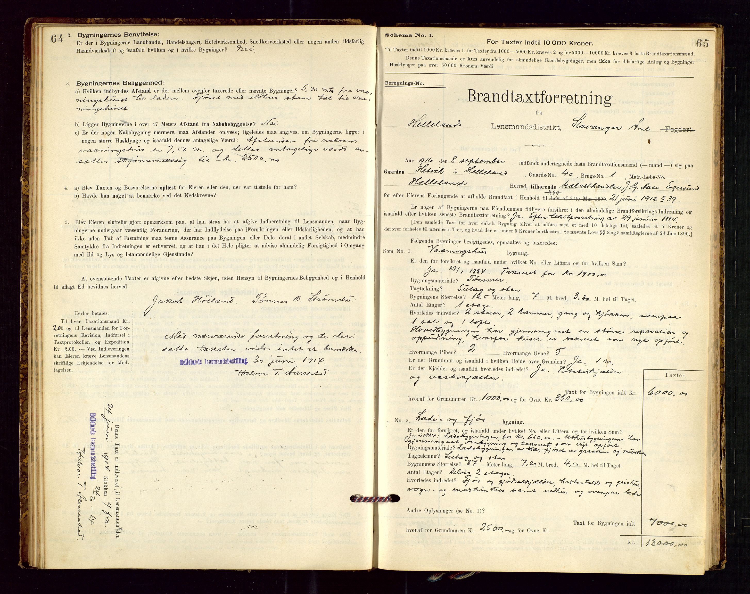 Helleland lensmannskontor, SAST/A-100209/Gob/L0001: "Brandtaxationsprotokol", 1896-1919, p. 64-65