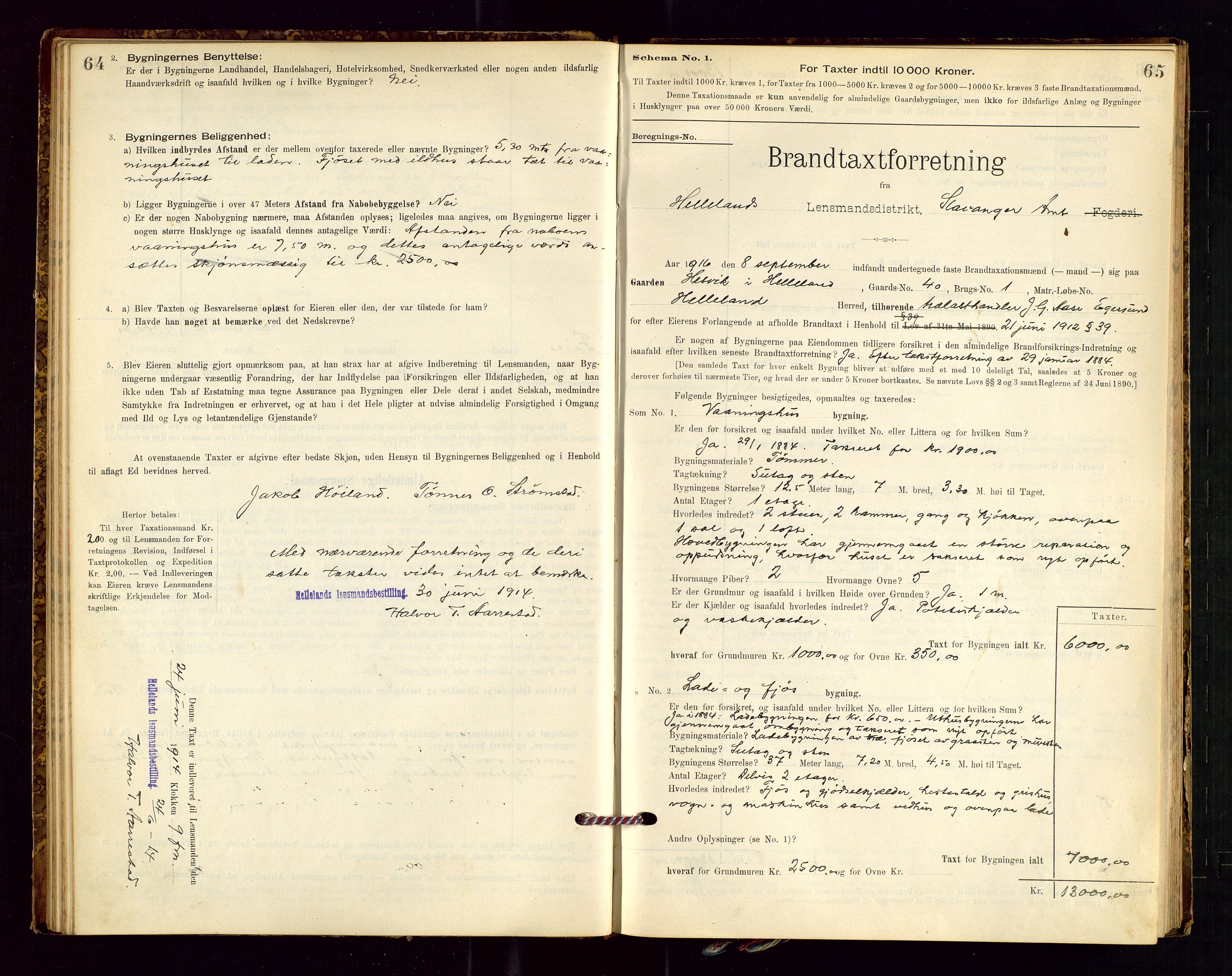 Helleland lensmannskontor, AV/SAST-A-100209/Gob/L0001: "Brandtaxationsprotokol", 1896-1919, p. 64-65
