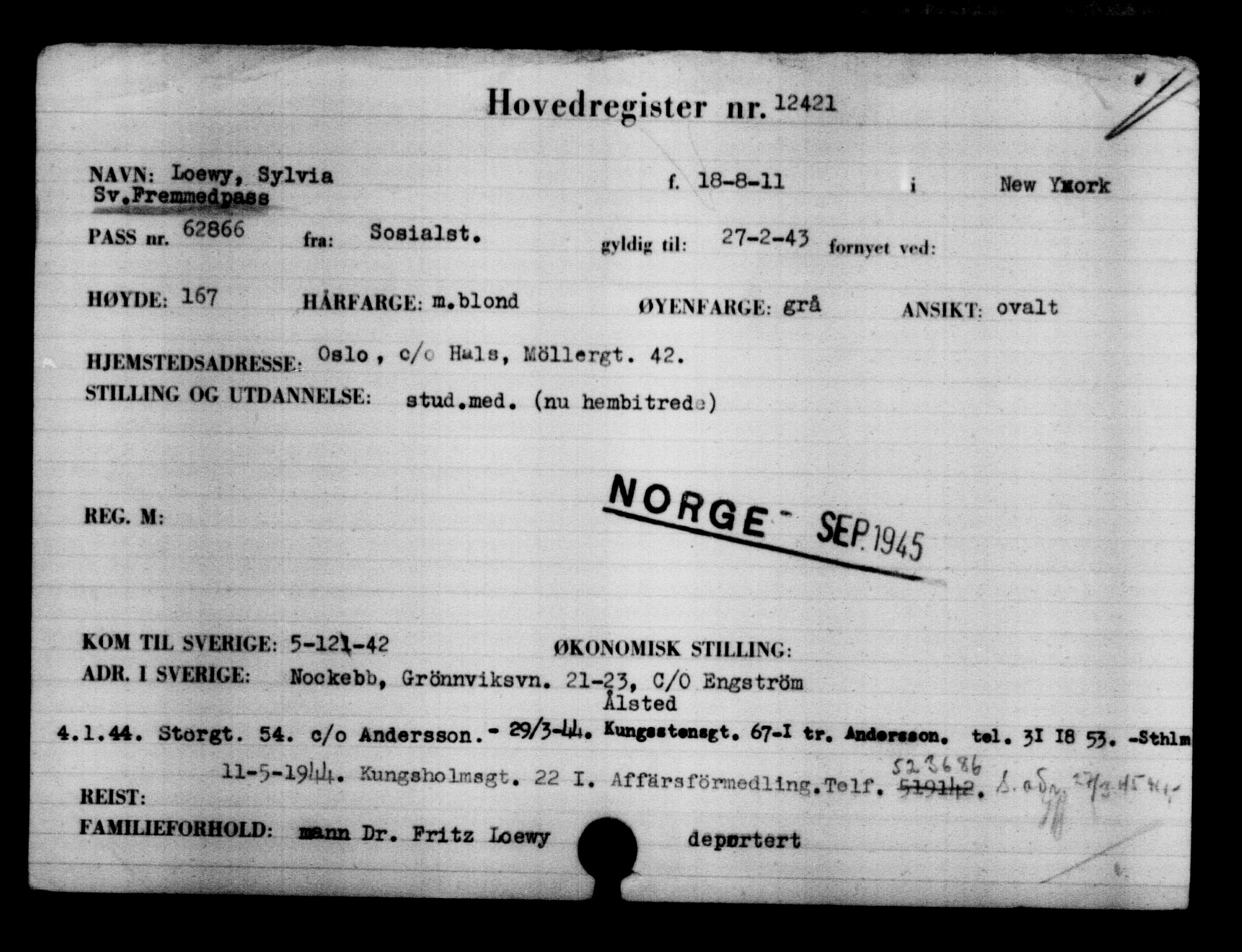 Utenriksstasjonene, Legasjonen i Stockholm, Flyktningkontoret, AV/RA-S-6753/V/Va/L0006: Kjesäterkartoteket, flyktninger med registreringsnr. 9400-12711, 1940-1945, p. 3448