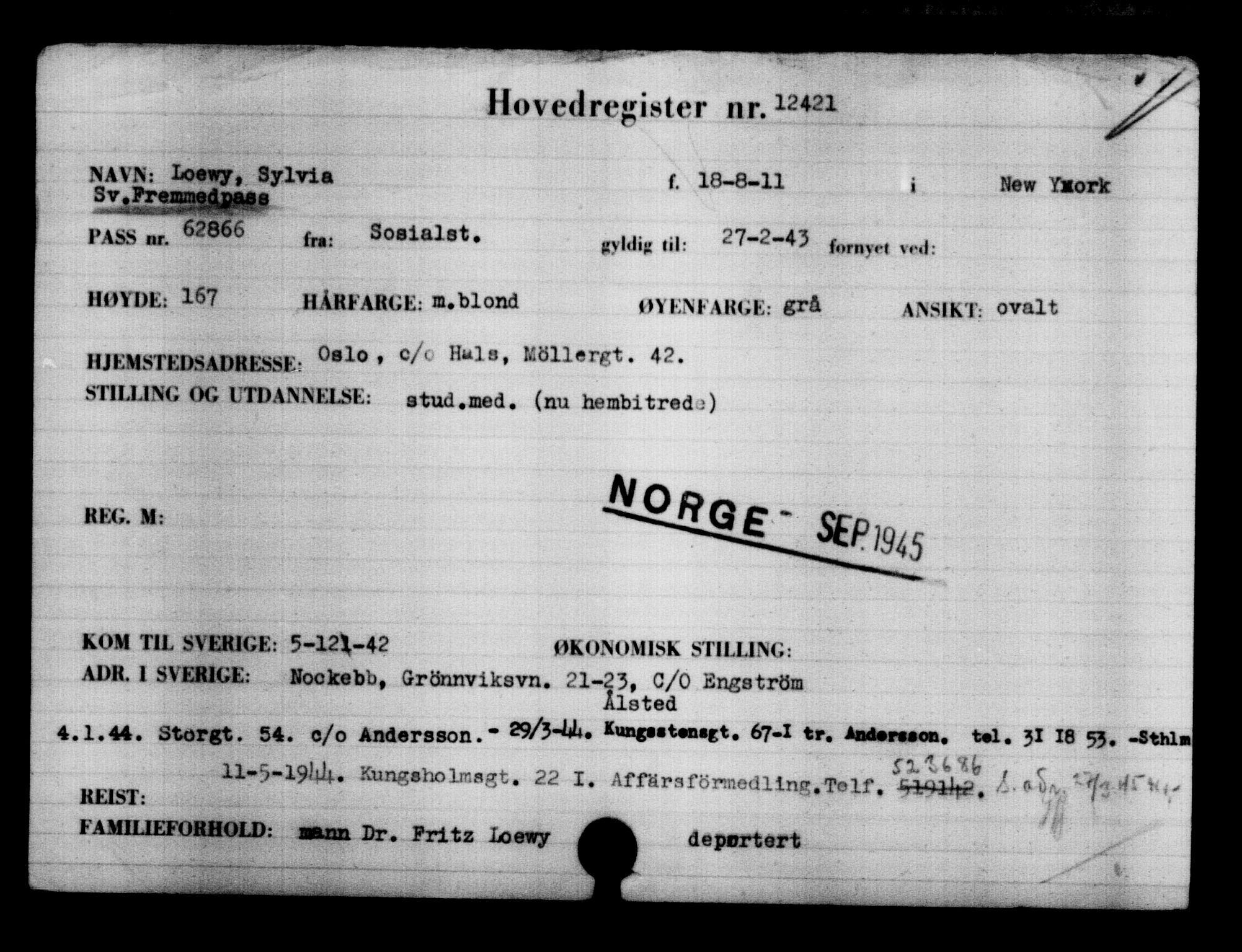 Den Kgl. Norske Legasjons Flyktningskontor, RA/S-6753/V/Va/L0006: Kjesäterkartoteket.  Flyktningenr. 9400-12711, 1940-1945, p. 3448