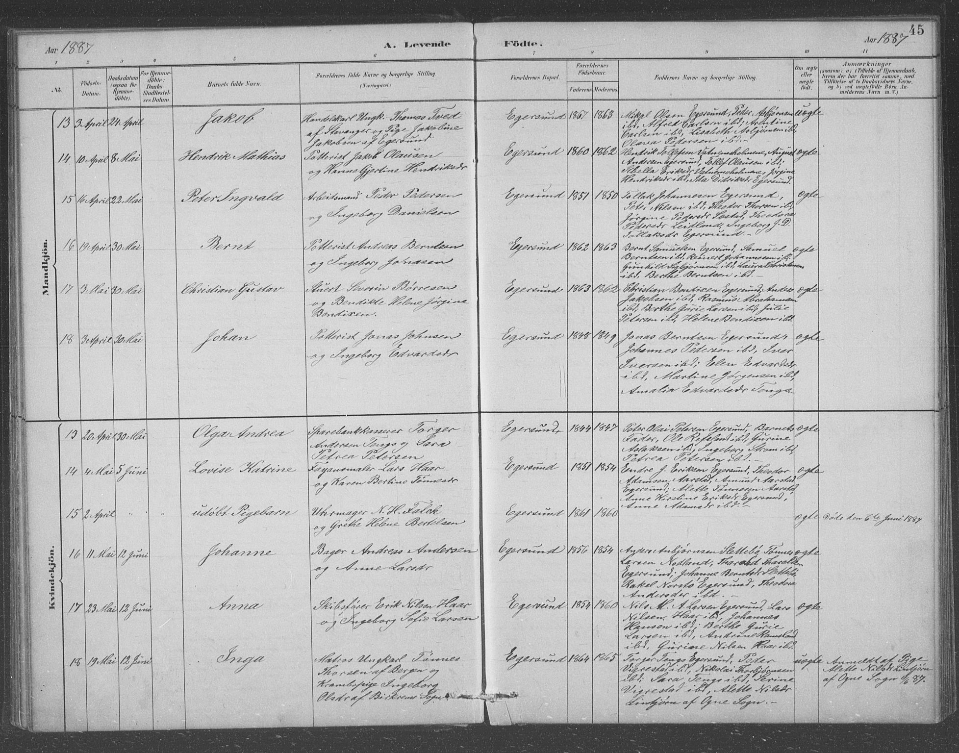 Eigersund sokneprestkontor, AV/SAST-A-101807/S09/L0008: Parish register (copy) no. B 8, 1882-1892, p. 45