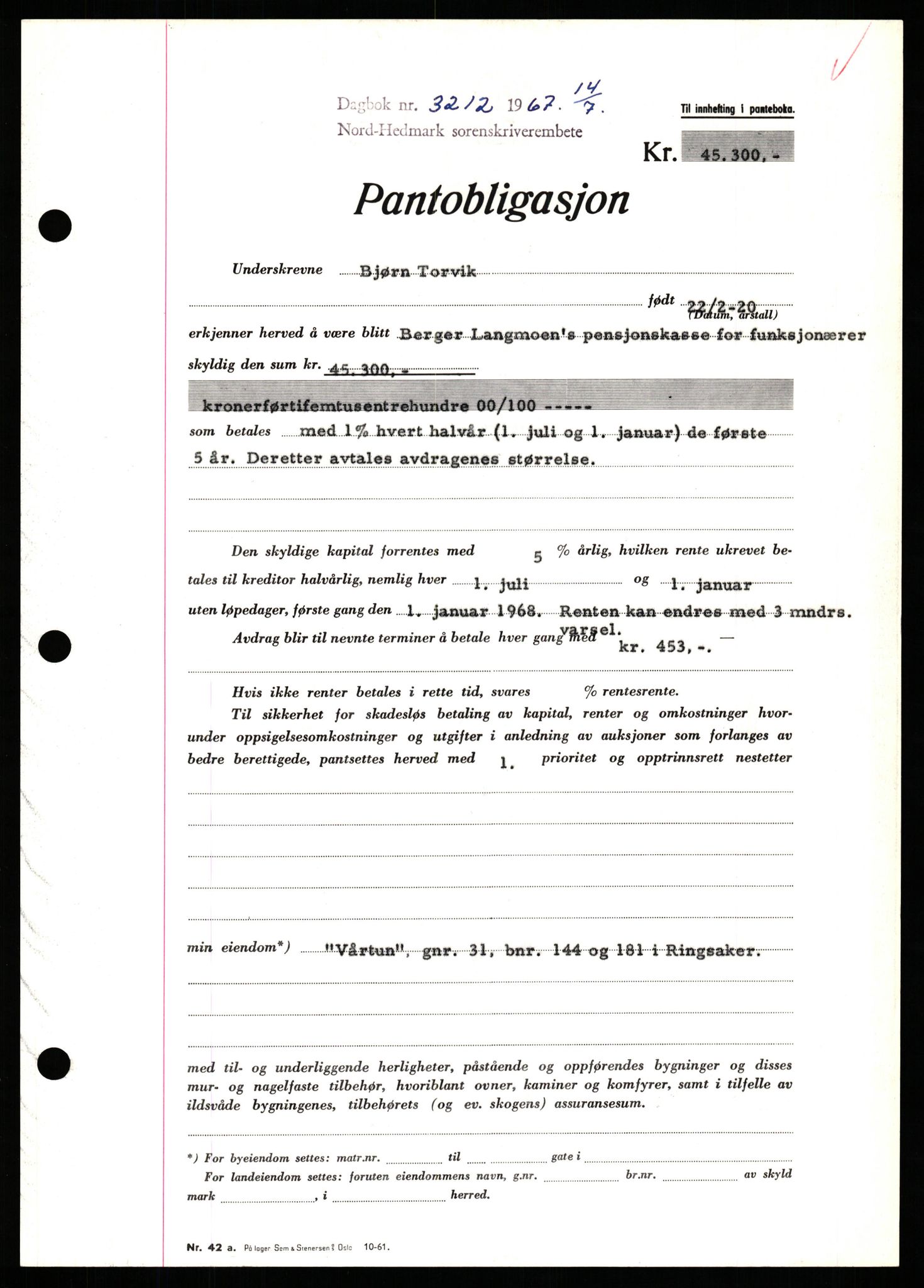Nord-Hedmark sorenskriveri, SAH/TING-012/H/Hb/Hbf/L0071: Mortgage book no. B71, 1967-1967, Diary no: : 3212/1967