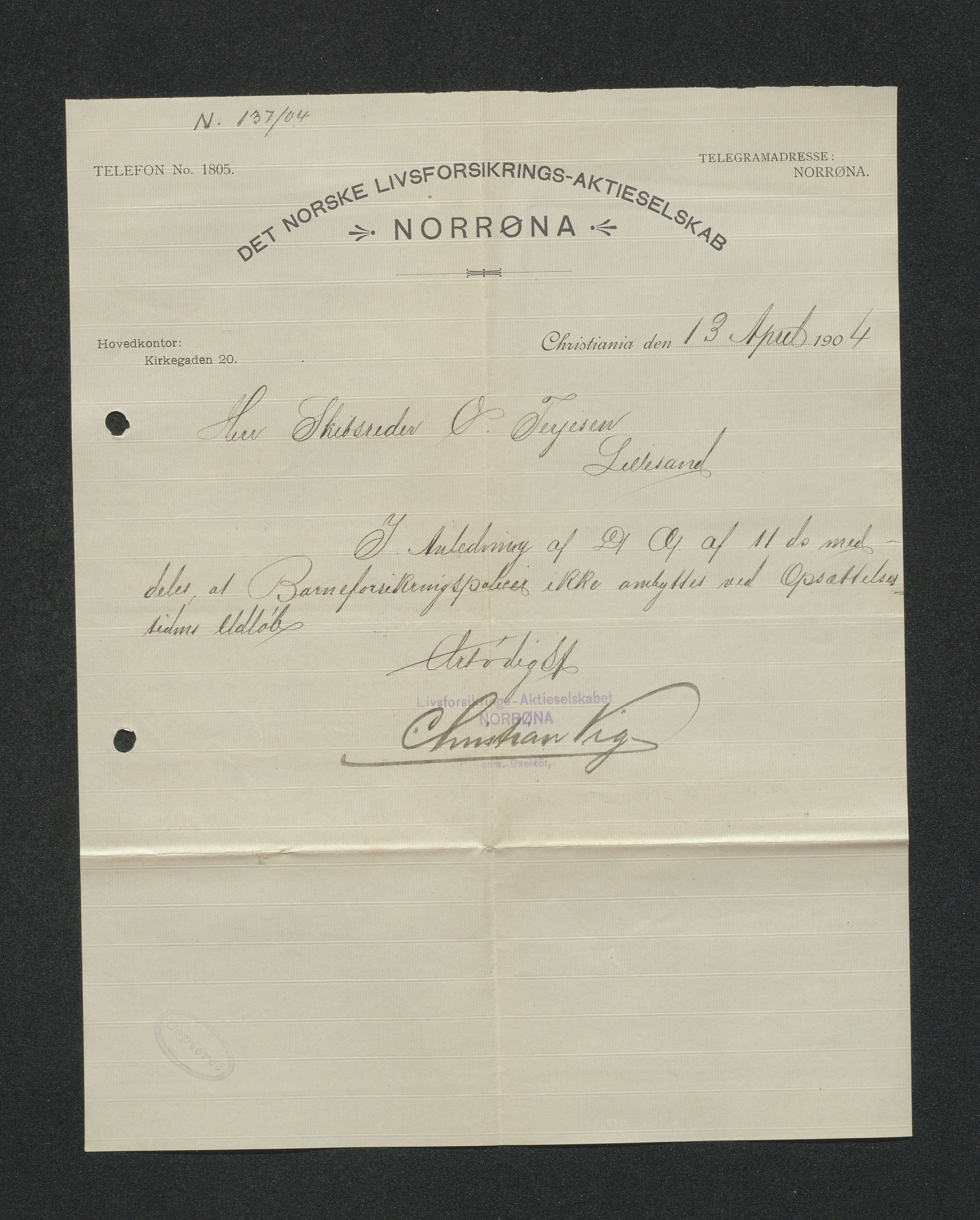 O. Terjesens rederi, AAKS/PA-2525/E/E01/L0013: Korrespondanse, 1904-1905