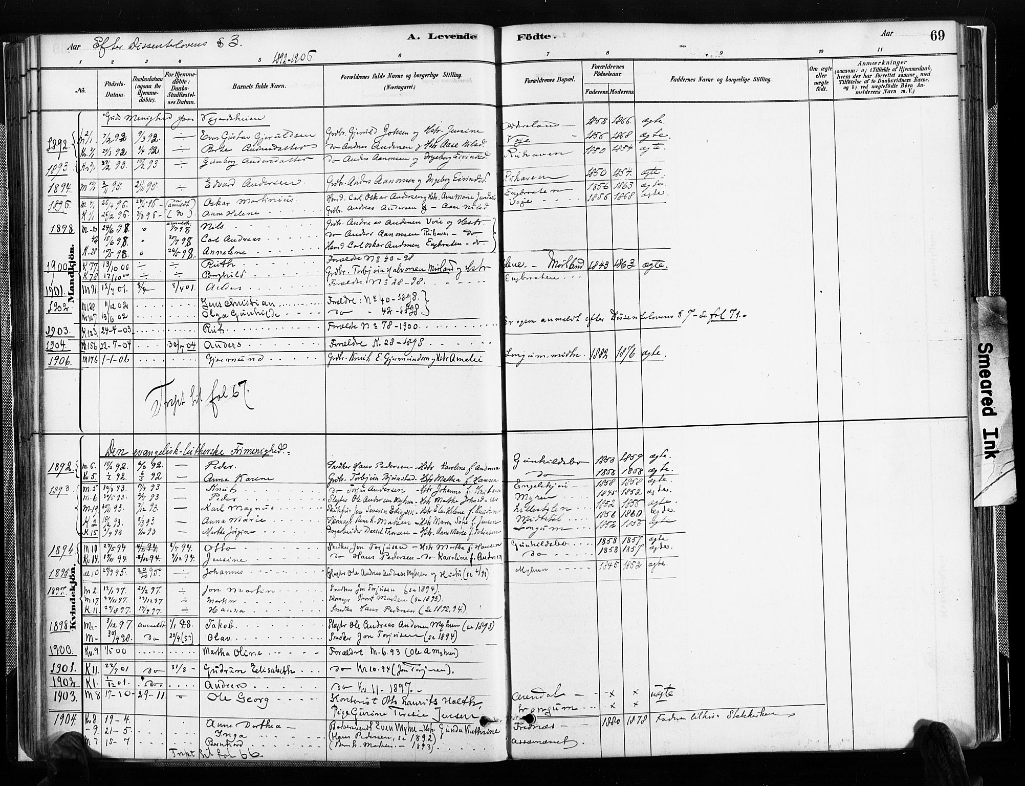 Austre Moland sokneprestkontor, SAK/1111-0001/F/Fa/Faa/L0010: Parish register (official) no. A 10, 1880-1904, p. 69