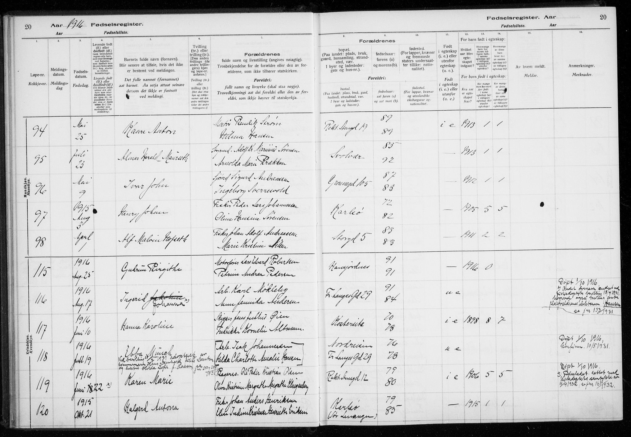 Tromsø sokneprestkontor/stiftsprosti/domprosti, SATØ/S-1343/H/Ha/L0131: Birth register no. 131, 1916-1921, p. 20