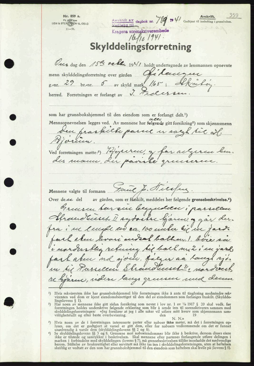 Kragerø sorenskriveri, AV/SAKO-A-65/G/Ga/Gab/L0053: Mortgage book no. 53, 1941-1942, Diary no: : 789/1941