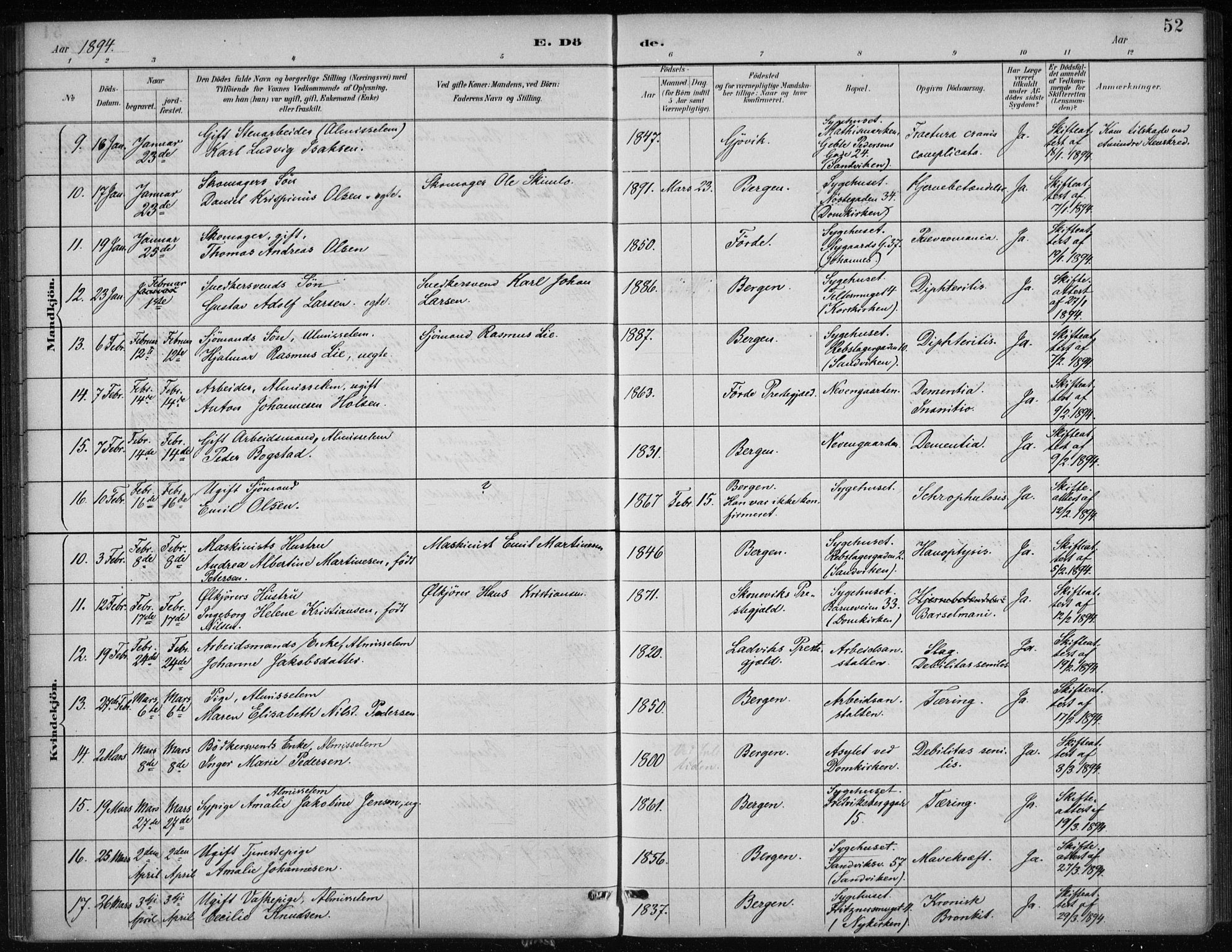 Bergen kommunale pleiehjem - stiftelsespresten, AV/SAB-A-100281: Parish register (official) no. A 5, 1887-1908, p. 52